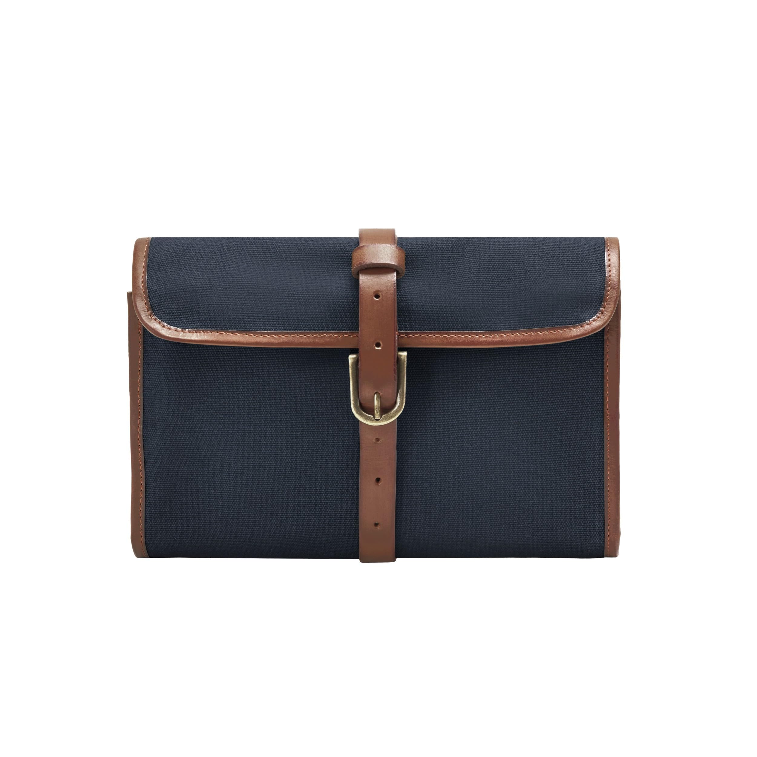 DRAKENSBERG Kulturbeutel 'Sid' zum Aufhängen, Herren, Damen, Faltbare rollbare Kulturtasche, Canvas, Leder, wasserabweisend - Marine-Blau, DR00196