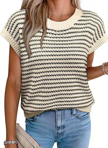 EVALESS Women's Sweater Vest Striped Pullover Tank Top Round Neck