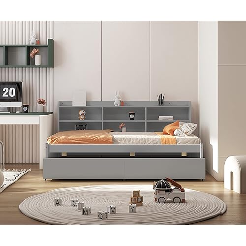 DEINPPA Twin Size Platform Bed with Built-in Bookshelves and 2 Drawers, Wooden Captain Bed Frame for Kids Teens Adult Boys Girls, No Box Spring Needed, Grey