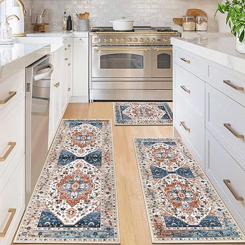 Miniatura 3 de HEBE - Juego de alfombras de cocina bohemias de 3 piezas con corredor, alfombras de cocina antideslizantes y tapetes lavables para piso de cocina,