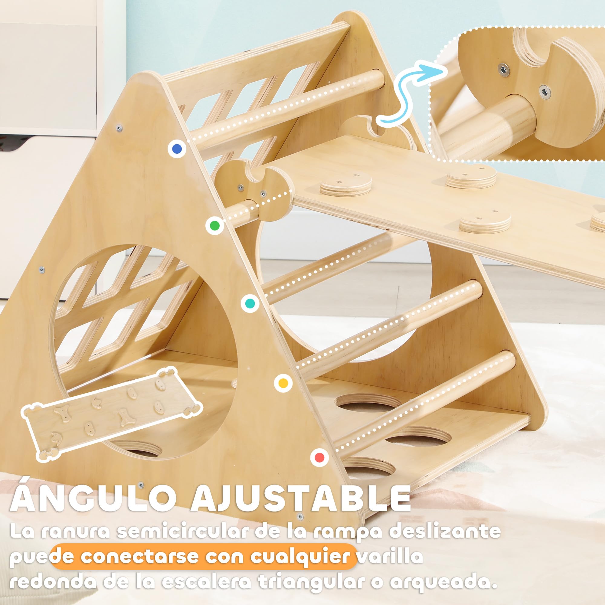 AIYAPLAY 8 en 1 Triángulo de Escalada Montessori con Arco y Rampa Escalada para Niños de Madera de 18-48 Meses con Bolsa de Arena 175x59,5 cm Natural