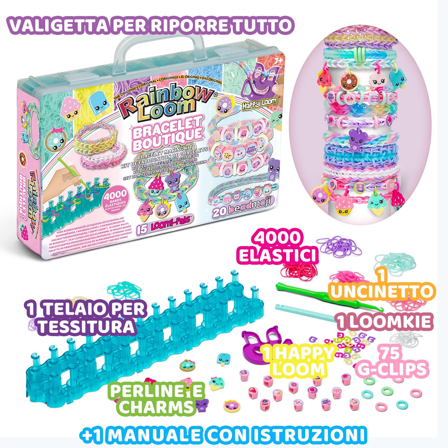 Bandai - Rainbow Loom Boutique – Set Automatico per Creare Braccialetti con Elastici - Hobby Creativo - Contiene 4000 Elastici, Ganci, Beadmoji, Charm - Giocattolo per Bambini dai 7 anni in su -CD0186