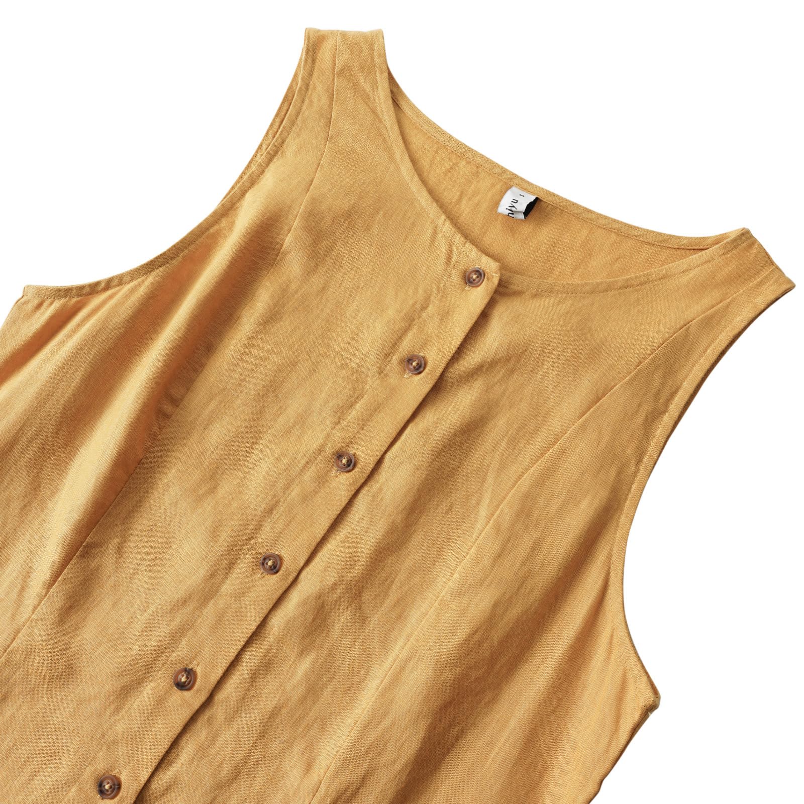 Amazhiyu Leinenkleid Damen, 100% Leinen Tank Kleider Sommer Kurz Ärmellos Sommerkleid Strandkleid Freizeitkleid Minikleid Button Down A Linien Kleid