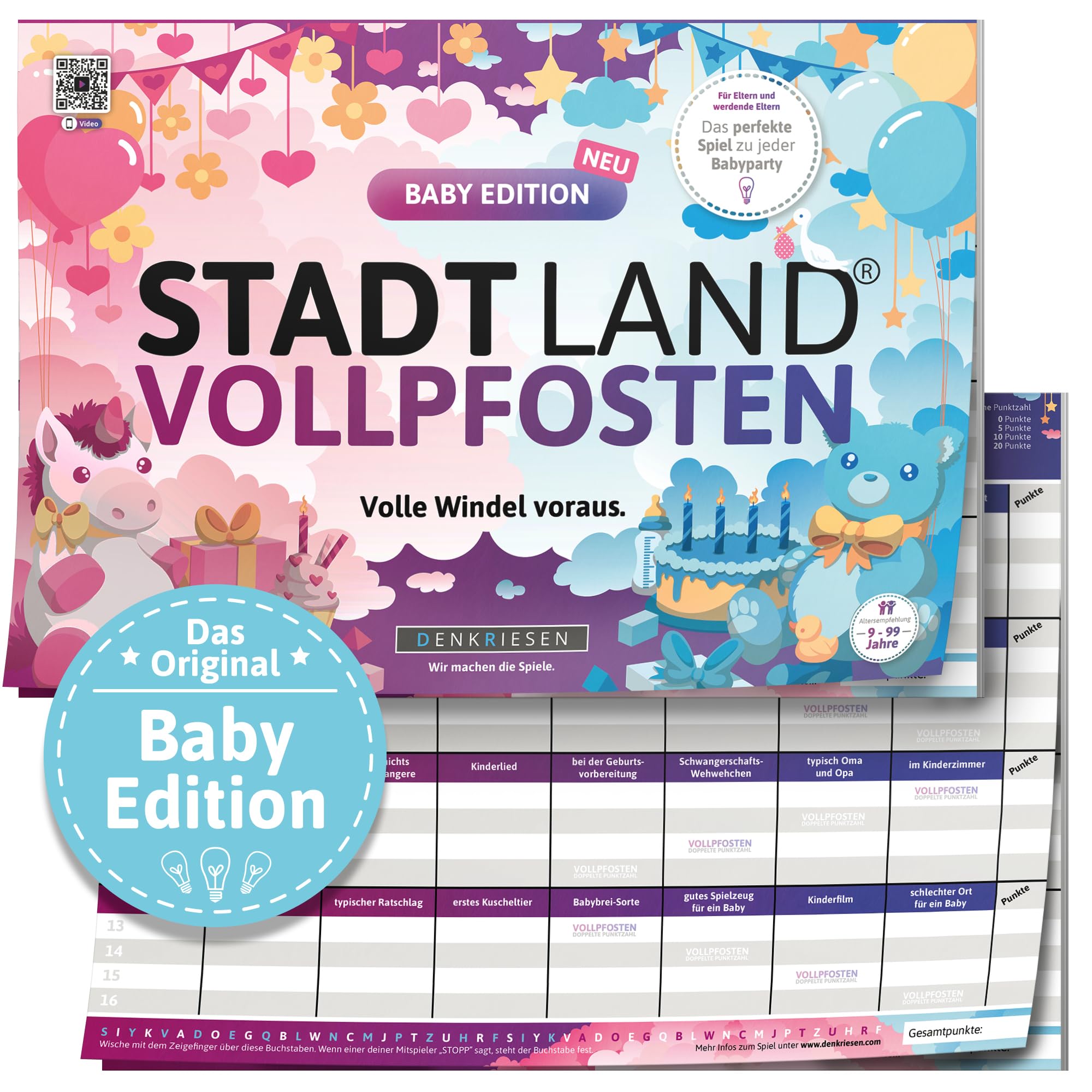 DENKRIESEN - Stadt Land VOLLPFOSTEN® - Baby Edition | DIN A4 Spielblock | Ab 9 Jahren | Stadt Land Fluss | Familienspiel | Ideal für lustige Runden mit der Familie | Perfekt für Baby-Partys