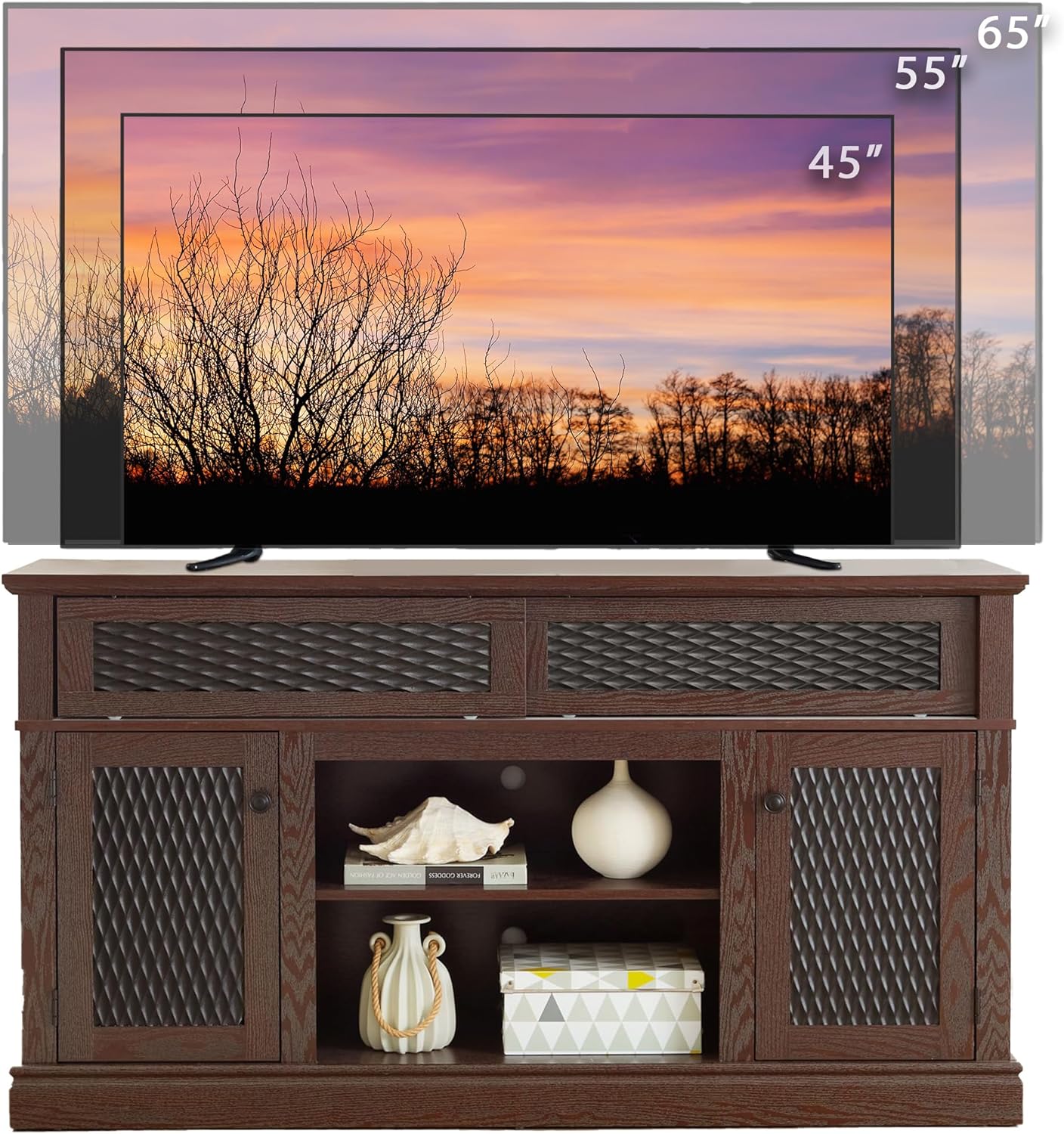 58" Wooden TV Stand with Sliding Embossed Pattern Doors, Entertainment Center for TVs up to 65", Cord Management & Large Storage Space, Media TV Console Table for Living Room/Office (Cherry)