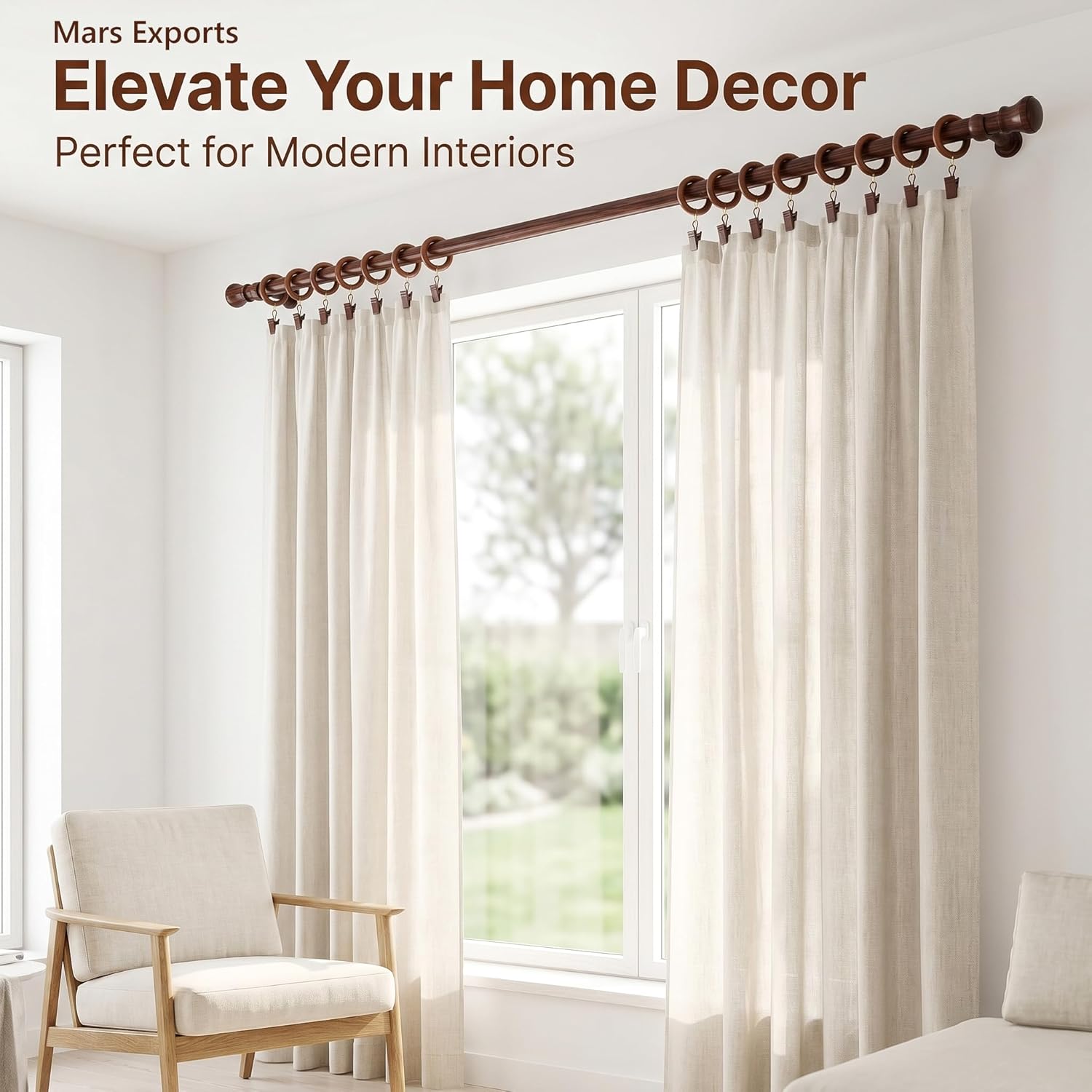 50 Pieces Large Wooden Drapery Curtain Rod Rings with Clips for 2 inch to 2.5 inch Rod Pole, 2.7 inch Inner Diameter, Natural Rosewood (50, 2.7 INCH Inner Dia)