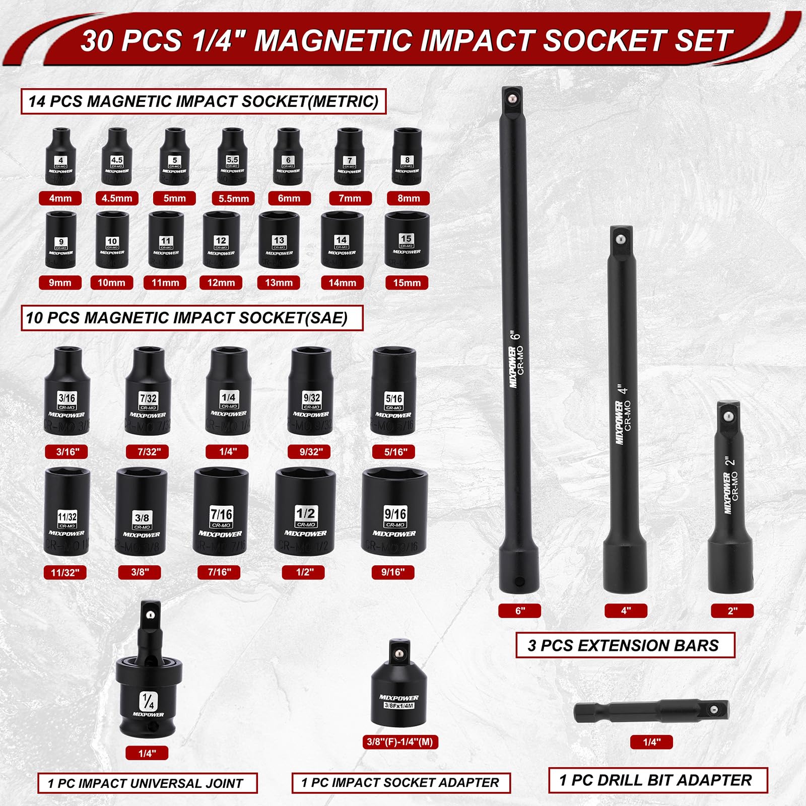 MIXPOWER Set di 30 bussole magnetiche poco profonde da 1/4", metriche/SAE, a 6 punti, CR-MO, con adattatore per bussola, giunto universale, prolunga e adattatore per punte da trapano