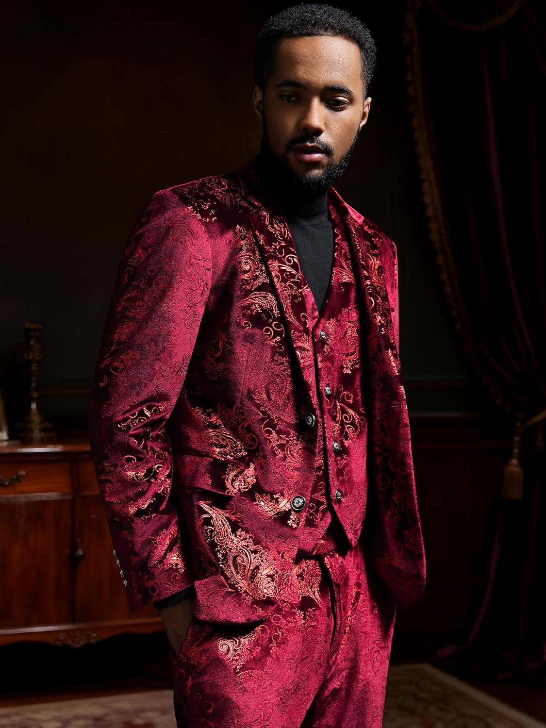 MAGE MALE Mens Suits Dress Floral Tuxedo Slim Fit 3 Piece Suit 2 Button Prom Party Blazer Vest Pants Set with Bow Tie - Image 2