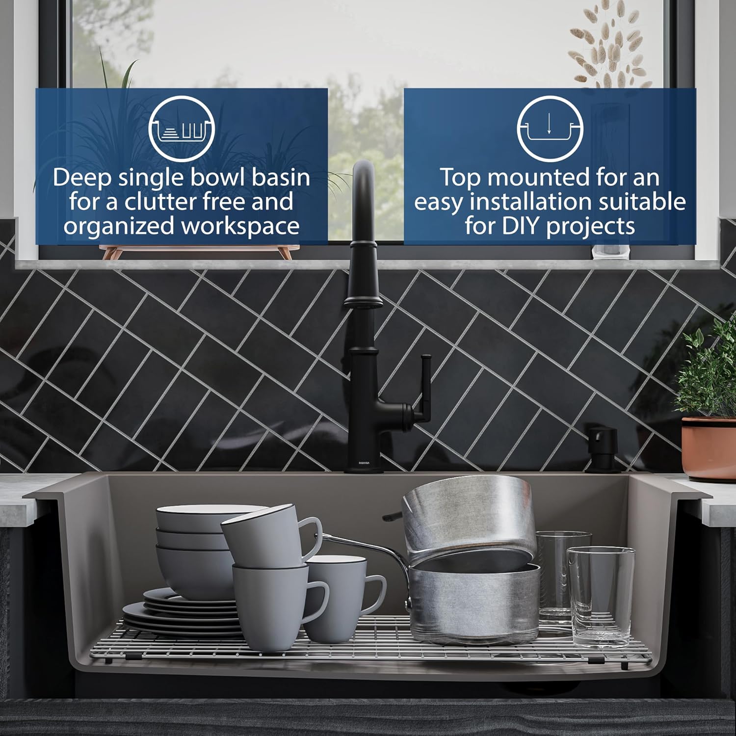 Karran Drop-In/Top Mount 33" Single Bowl Granite Quartz Composite Kitchen Sink Kit in Concrete Right Side Drain, Sound Dampening, Extra Deep 9" Basin, Heat & Scratch Resistant, with Grid & Strainer