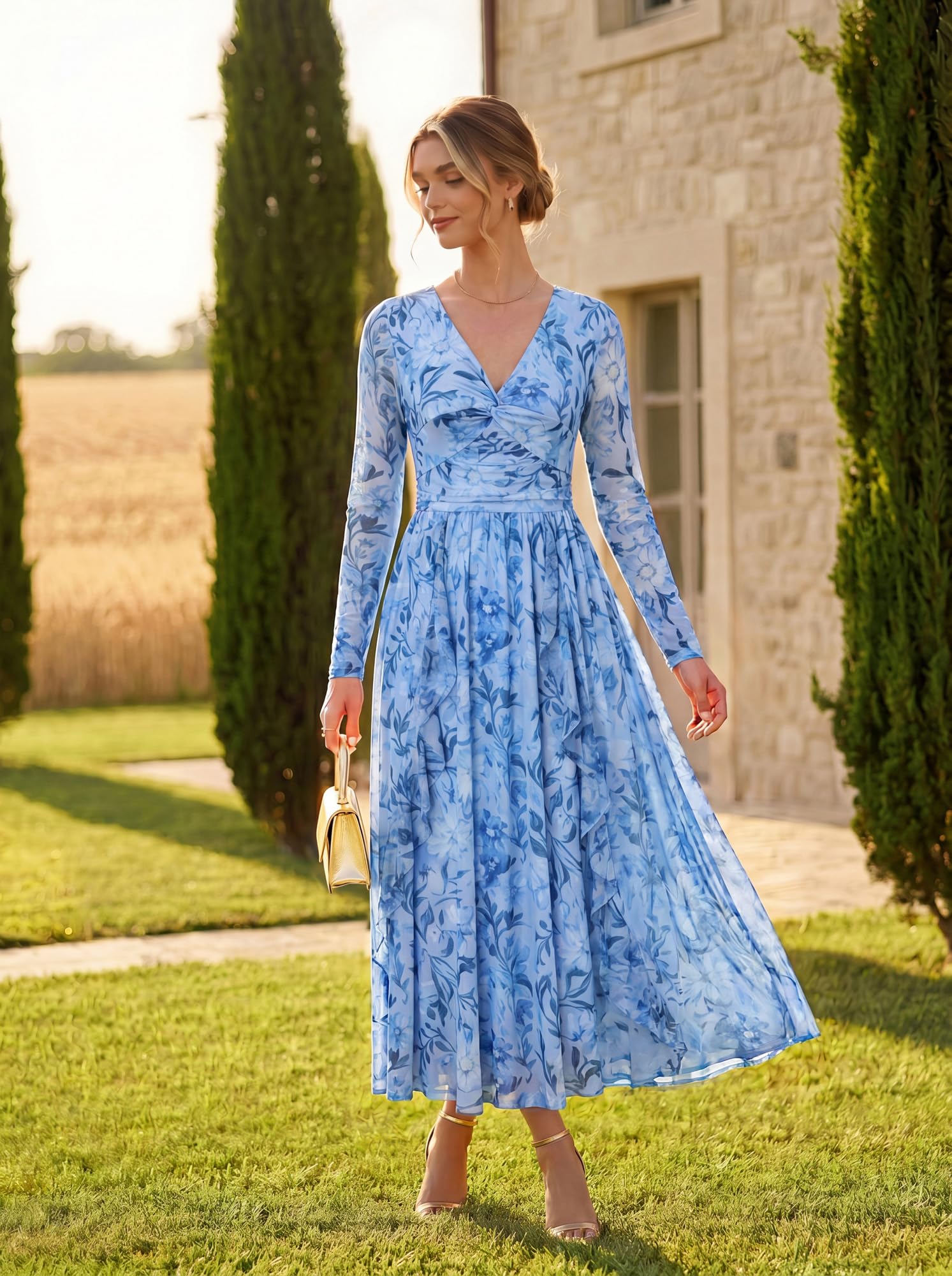 GRACE KARIN Damen Elegant Kleid V Ausschnitt Langarm Cocktailkleid | Maxilang,Halbtransparente lange Ärmel,Weiches und bequemes Netzgewebe,Gefüttert,Hochzeit,Party