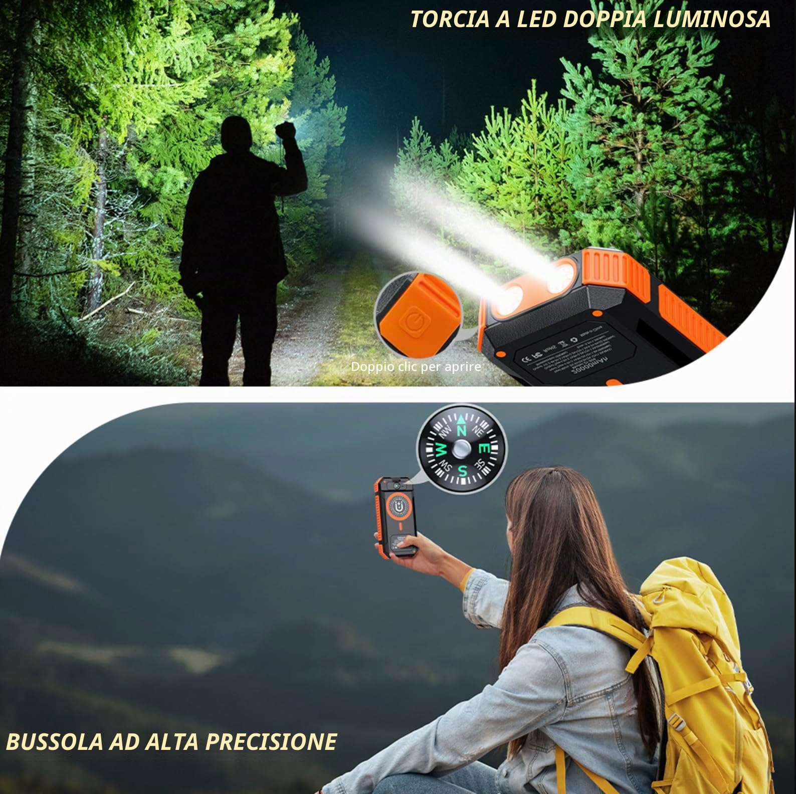 Power Bank Solar 20000 mAh con ricarica wireless - Batteria esterna impermeabile con pannello solare, ricarica rapida USB e USB-C, torcia e bussola - caricabatterie portatile per iPhone, Samsung
