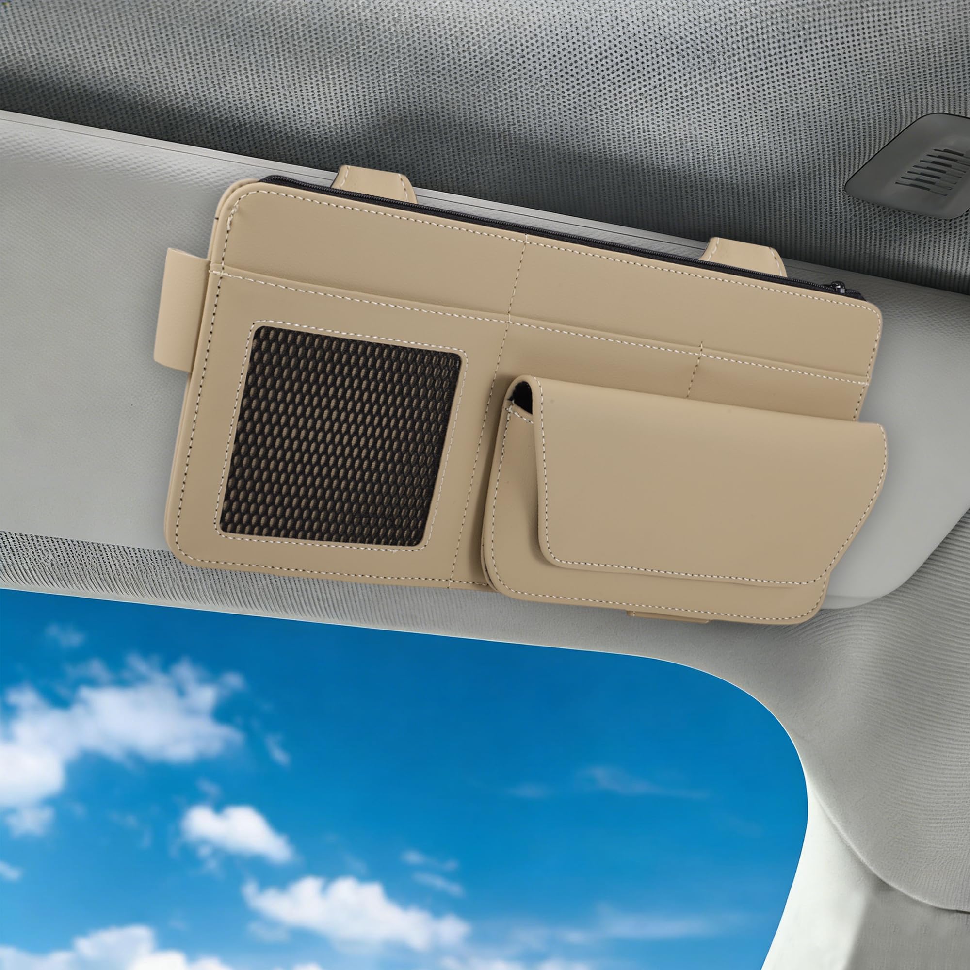 Étui À Lunettes De Soleil pour Voiture avec Pare-Soleil Magnétique Universel Étui À Lunettes De Soleil en Cuir Nappa Beige 34x16cm 1 Pc