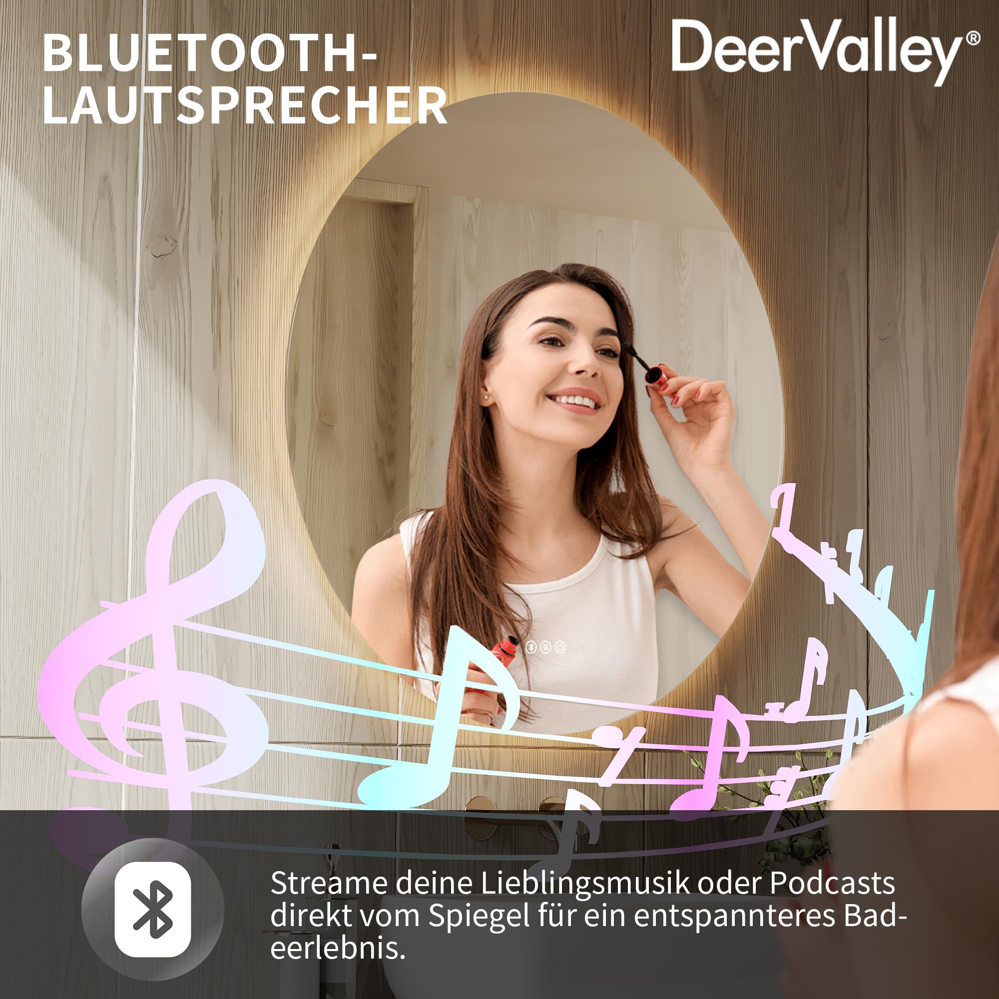 DeerValley Badspiegel mit Beleuchtung 80cm, Anti Beschlag LED Spiegel mit 3-Fach Vergrößerung, 3 Farbtemperatur und Bluetooth Lautsprecher