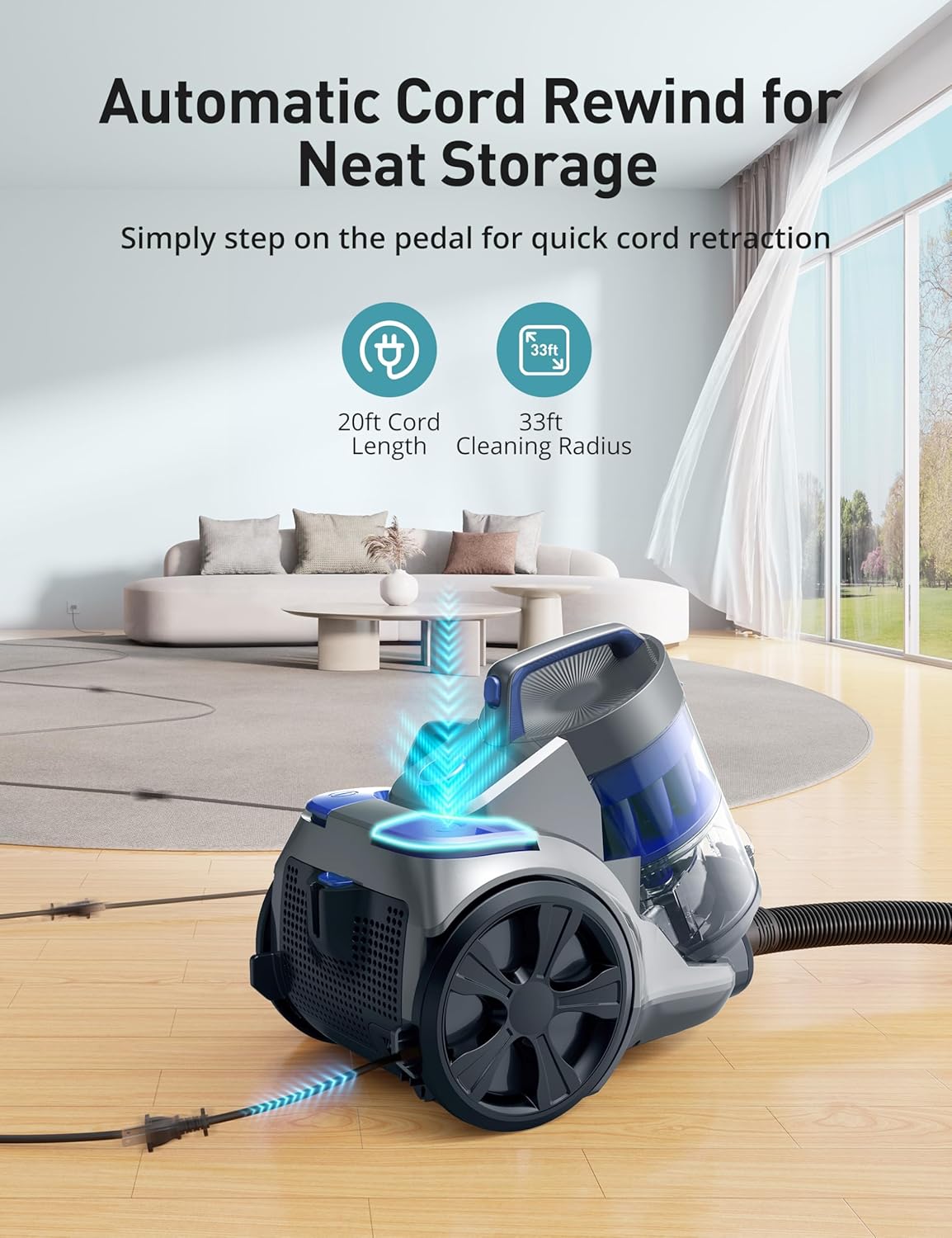 Aspiron 1700W Canister Vacuum Cleaner, 45Kpa Bagless Vacuum Cleaner, Multi-Cyclonic Filtration, 2 Anti-Allergen HEPA Filters, 3.5QT Dust Cup, 4 Tools, Corded Vacuum for Hard Floor, Pet Hair, Azure
