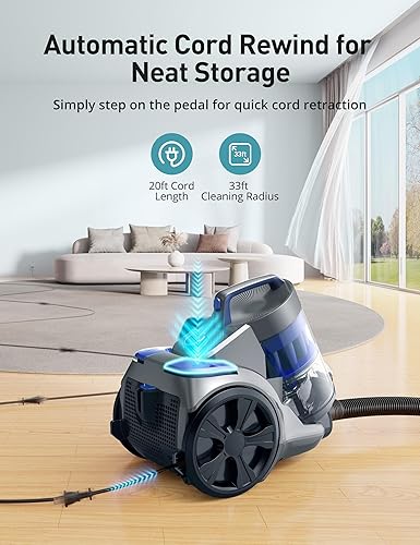 Miniatura 5 de Aspiron BLUEFBA - Aspiradora de recipiente de 1700 W, aspiradora sin bolsa de 32 Kpa, filtración ciclónica, 2 filtros HEPA antialérgenos, taza de