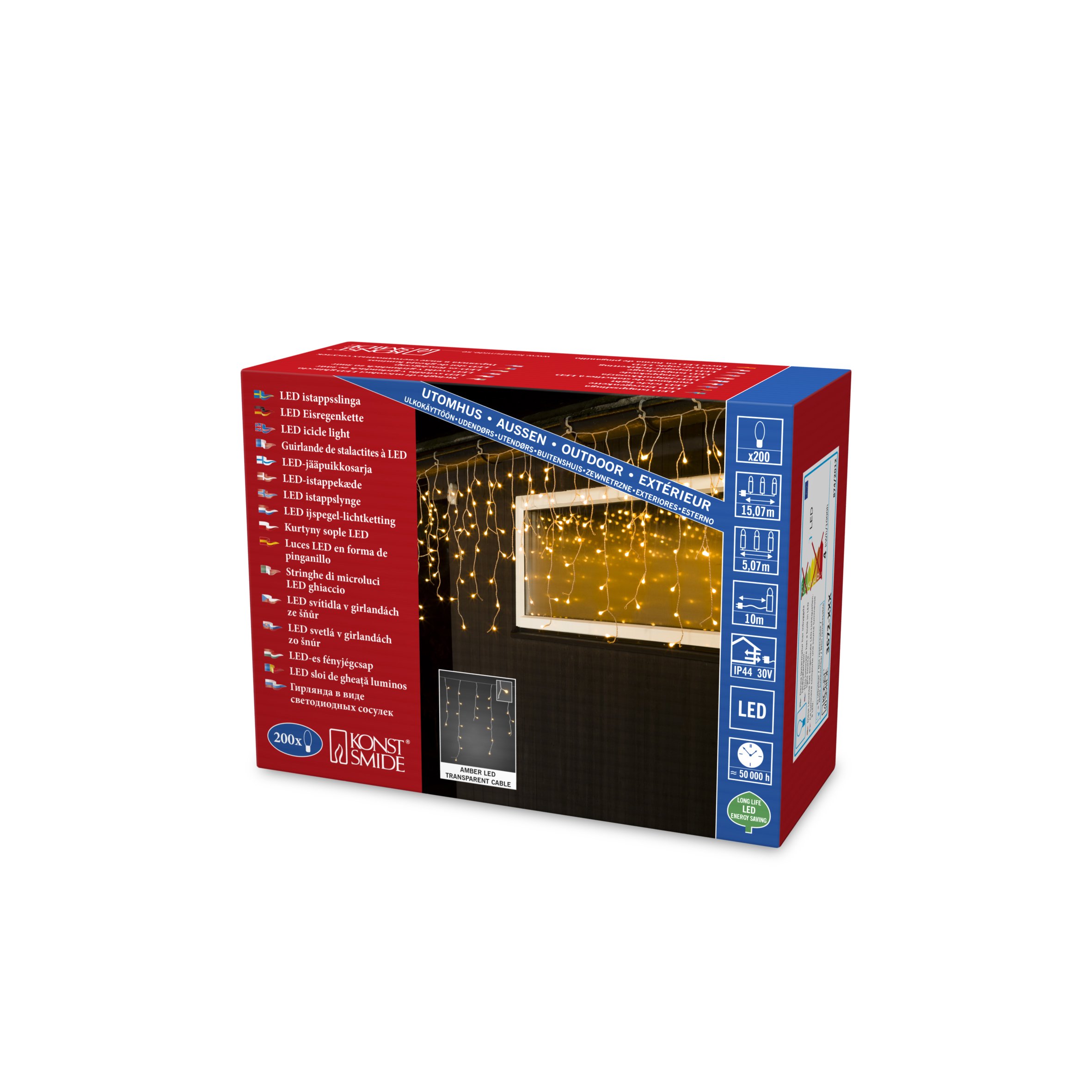 Konstsmide LED Eisregen Lichtervorhang, mit weißen Globes, 200 bernsteinfarbene Diode, 24V Außentrafo, transparentes Kabel - 3672-803