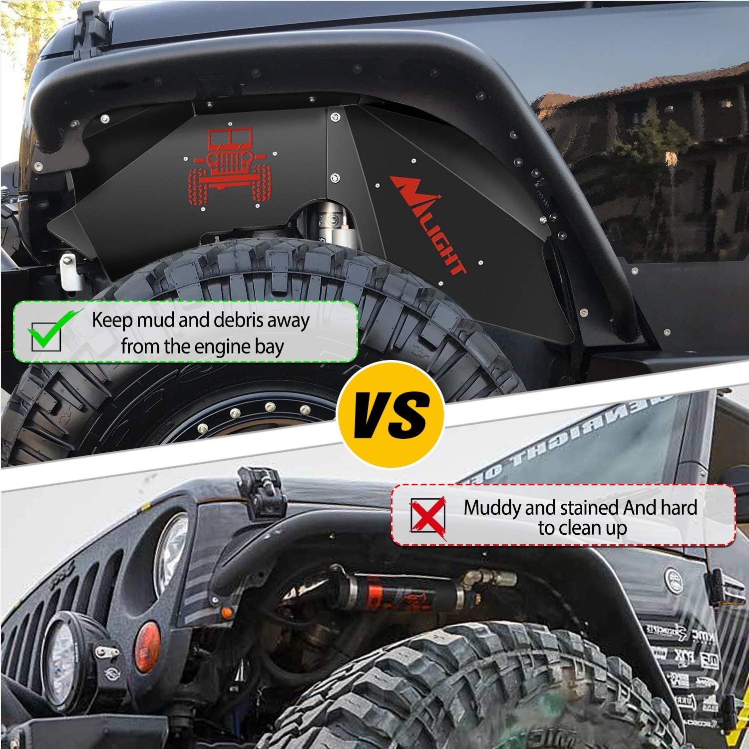 Nilight Front Inner Fender LinersWheel Cover Fit for 2007-2018 Wrangler JK JKU 4WD (4-Door/2-Door) Unlimited Bolt-on Style Fender Flares Splash Guards,2 Years Warranty