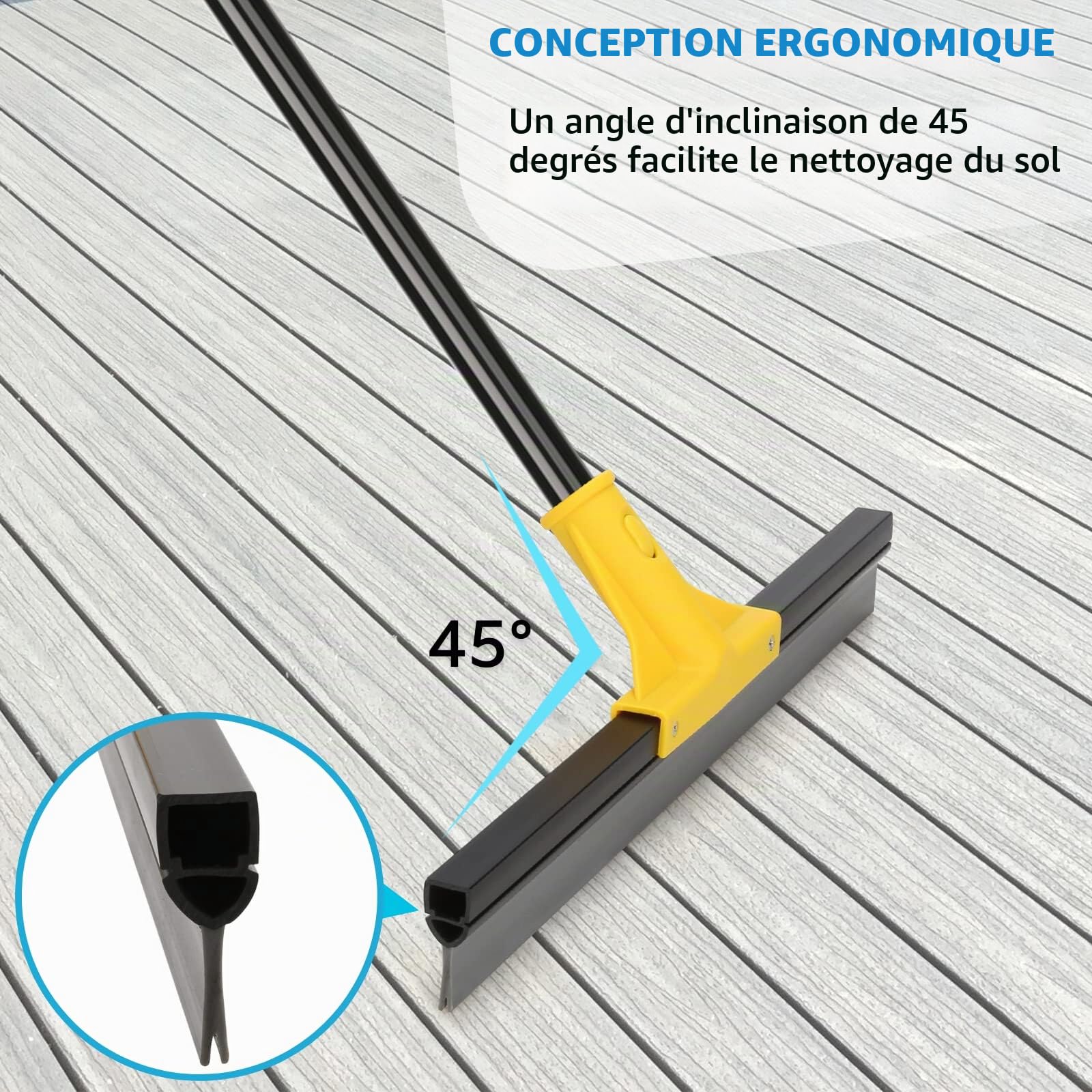 Raclette de sol d'extérieur très résistante, 45 cm, balai en caoutchouc avec long manche, 163 cm, pour le nettoyage du garage, de la cour, de la salle de bain, de la douche, du verre, des fenêtres, du