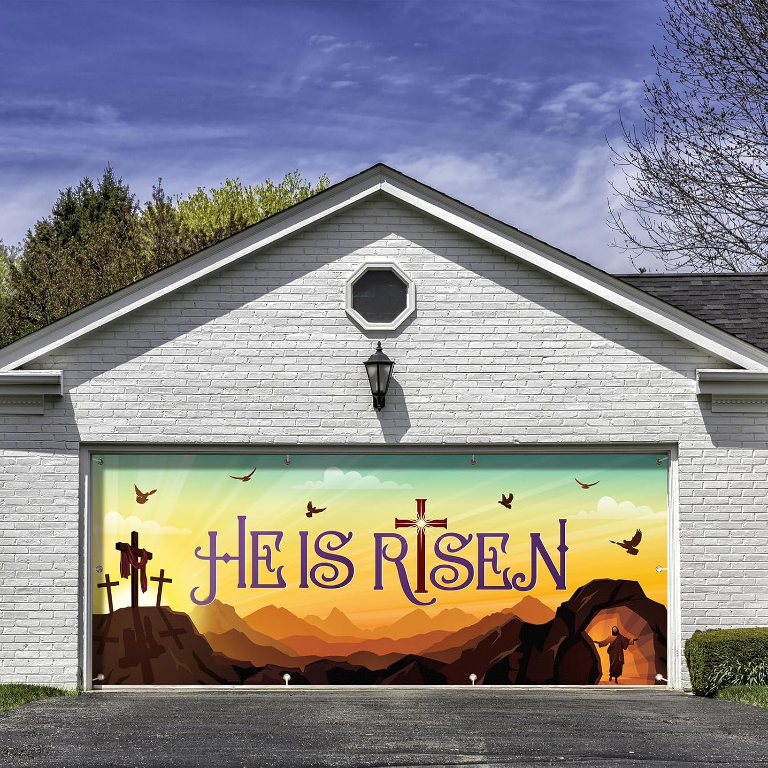 WovWeave Easter Garage Door Banner 6.6 x 16.4 ft He is Risen Garage Outdoor Wall Cover Decorations Religious Hanging Backdrop Banner for Spring Easter Mural Christian Party Background(Timeless)