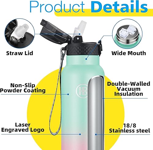 Miniatura 5 de Han's Bottle Botella de agua deportiva de 32 onzas, tapa con pajilla, a prueba de fugas, acero inoxidable aislado al vacío, doble pared, taza