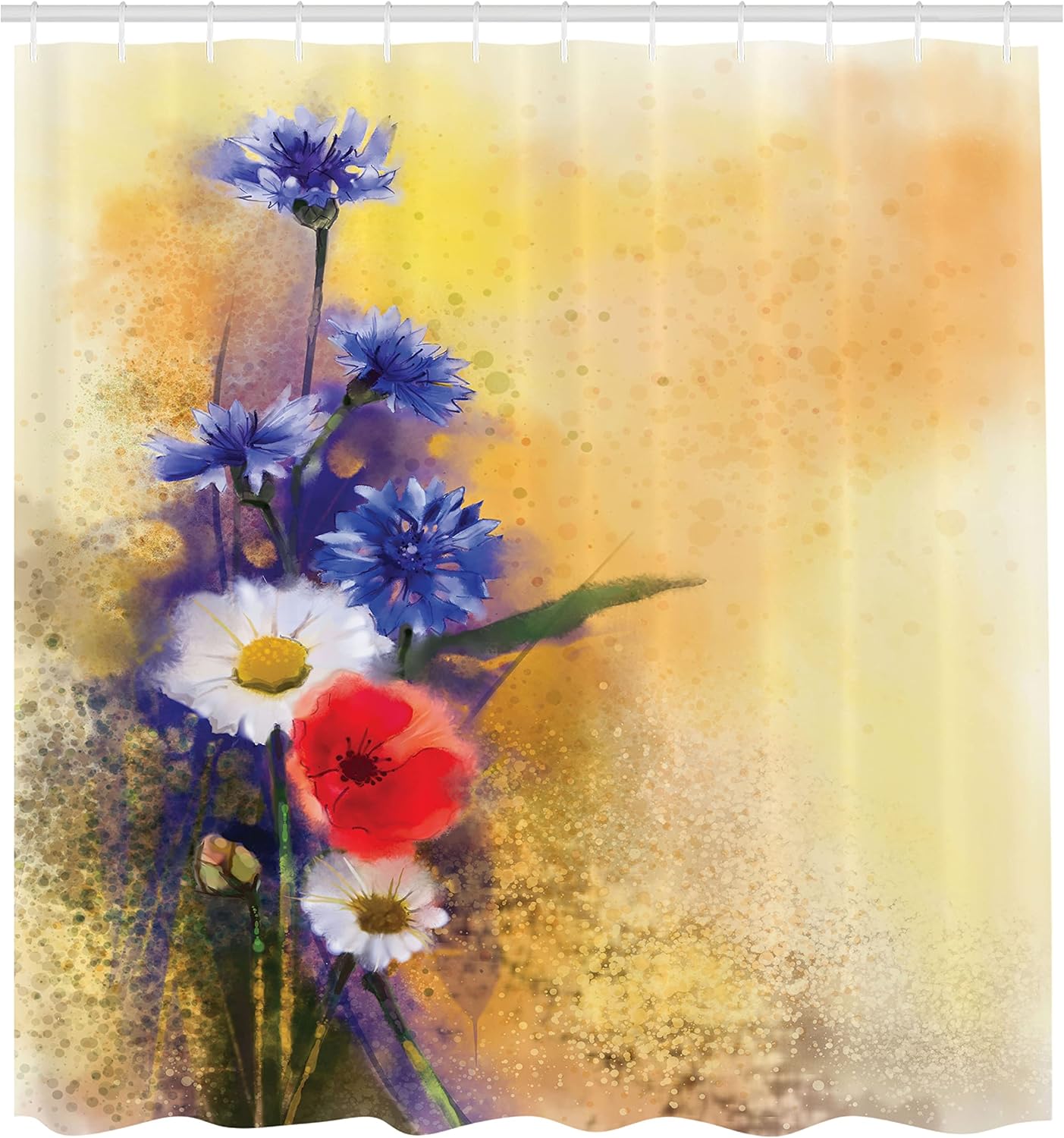 Ambesonne Flower Shower Curtain, Poppy Flowers Cornflower Pastel Chamomile Petal Art Stained Backdrop, Cloth Fabric Bathroom Decor Set with Hooks, 69" W x 75" L, Blue White