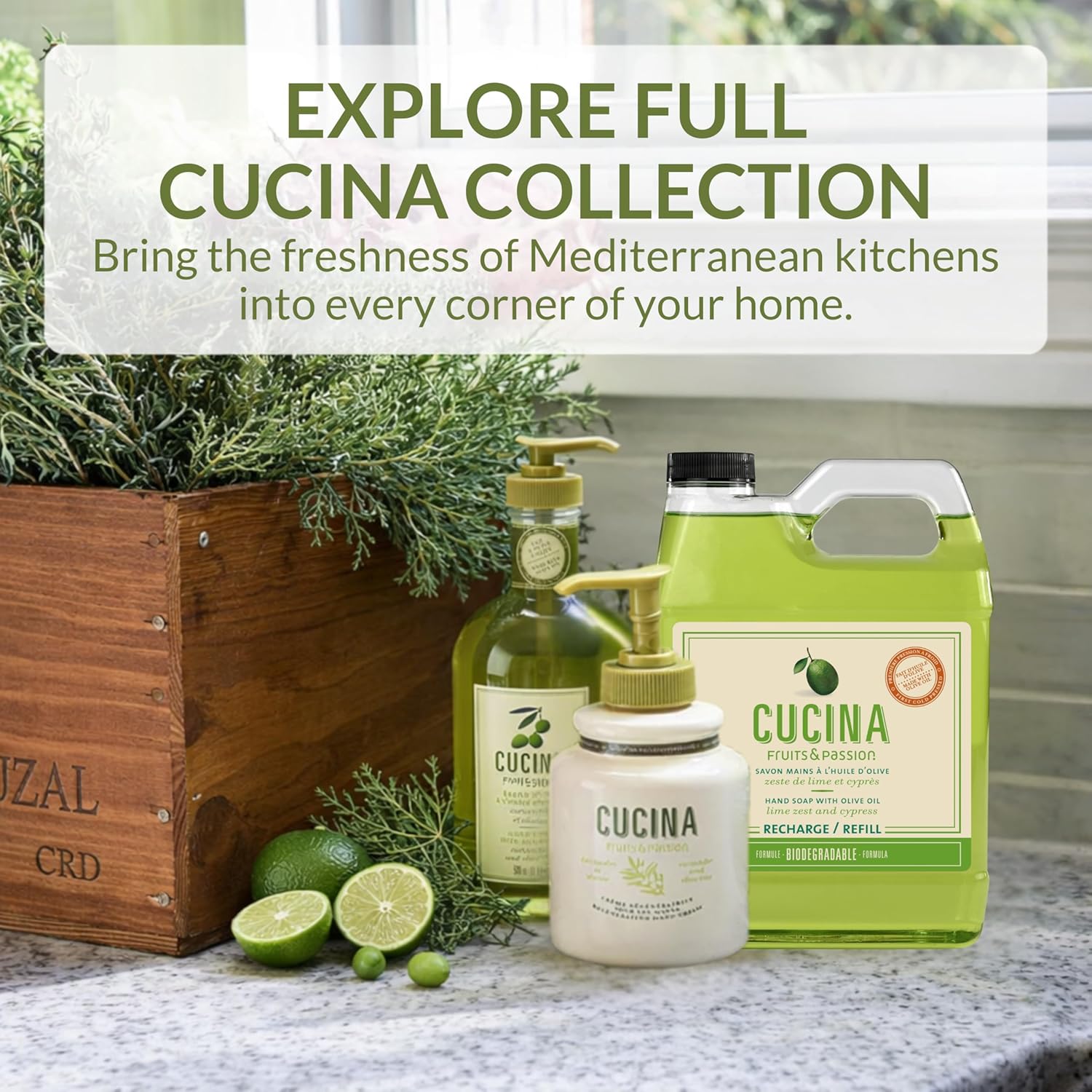 Cucina Fruits & Passion Hand Soap Refill, Lime Zest & Cypress, 1 L (33.8 fl oz), Liquid Hand Soap with Moisturizing Olive Oil, Biodegradable, Vegan Formula, Kitchen & Bathroom