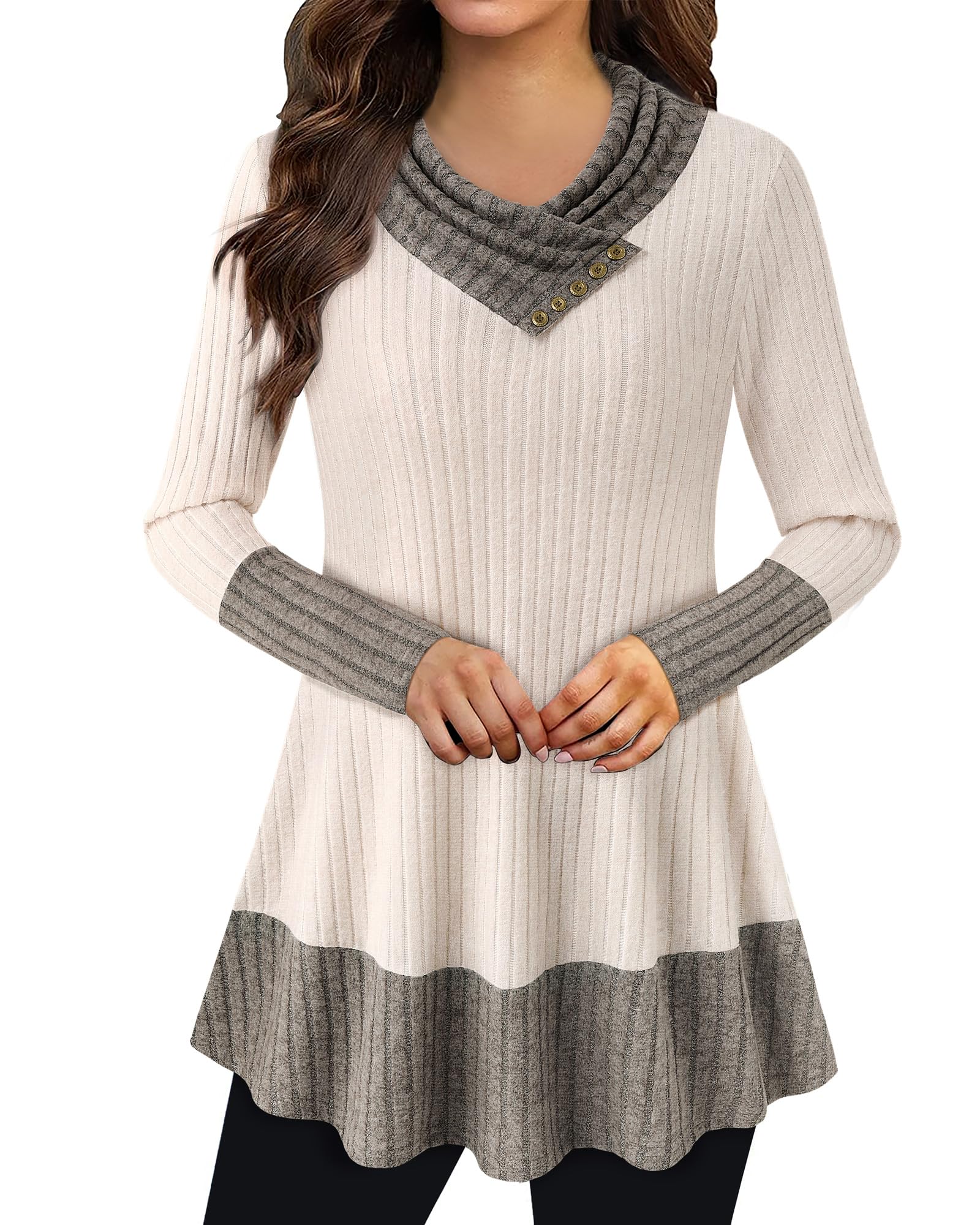 Women's Long Sleeve Button Cowl Neck Floral Printed Casual Tunic Tops