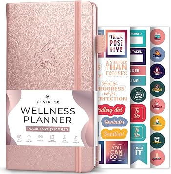 Clever Fox Wellness Planner & Food Journal Small Rose Gold | 3.9"x6.9" nutrition & exercise tracker for women tracking meals, diet & symptom diary, calorie counter notebook, stickers