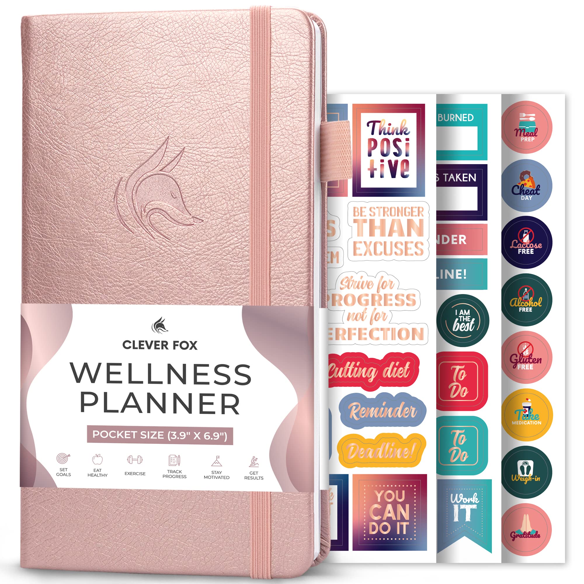 Clever FoxWellness Planner - Weekly & Daily Health and Wellness Log, Food Journal & Meal Planner Diary for Calorie Counting, Notebook for Medical Condition Tracking – Pocket size (Rose Gold)