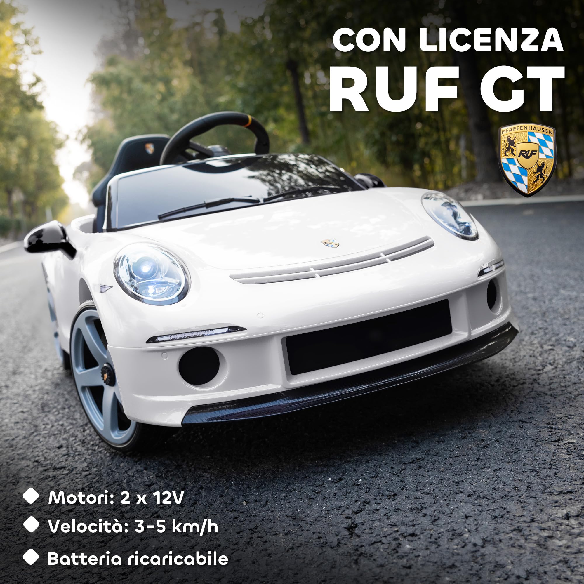 AIYAPLAY Macchina Elettrica per Bambini 3-5 Anni Licenza RUF GT Bianco | Auto Elettrica per Bambini, con Telecomando, Avvio Lento, Cintura di Sicurezza, Luci, Musica e USB