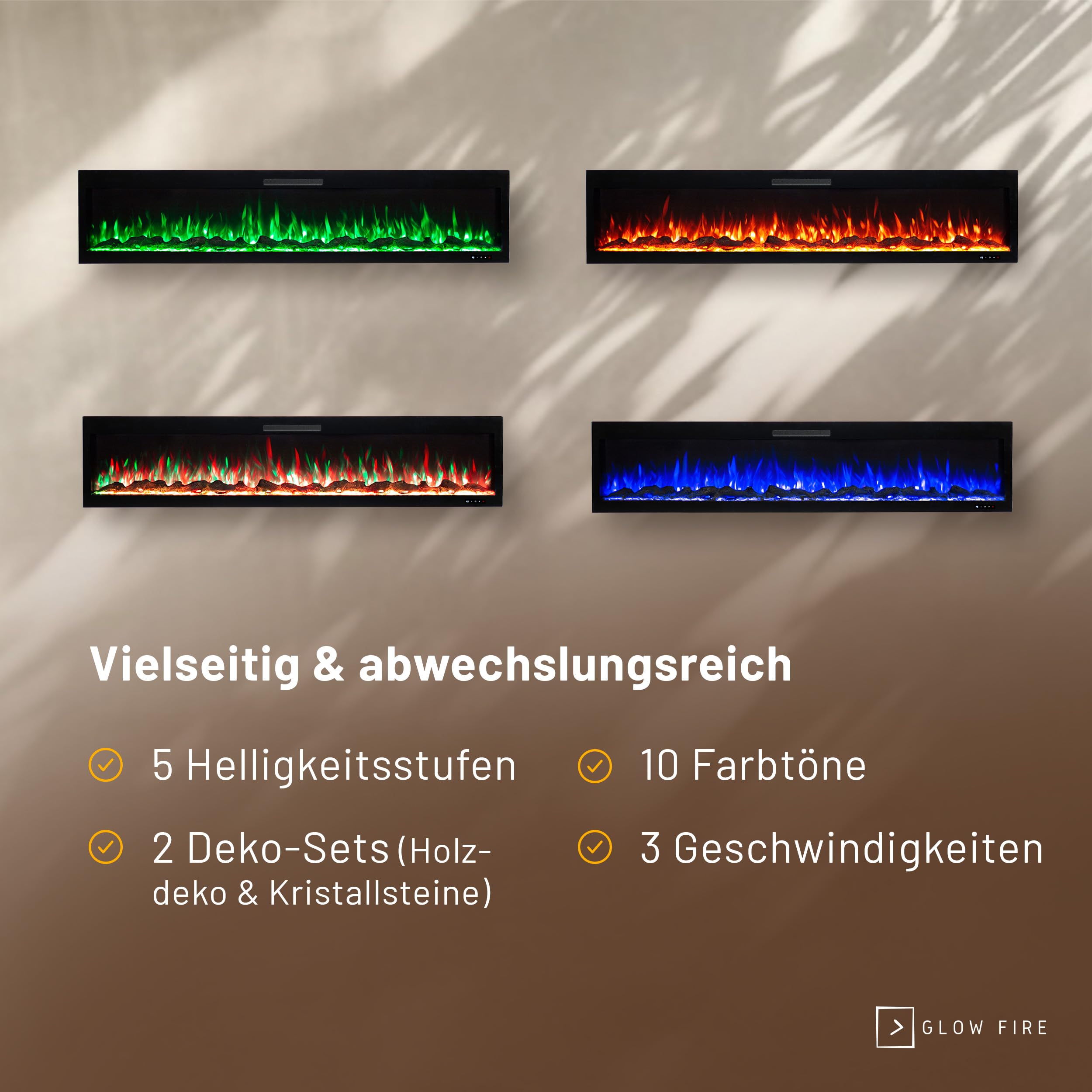 GLOW FIRE Kominek wolnostojący RHEA - Elektryczny z ogrzewaniem i płomieniem LED, 5 kolorów, grzałka, dekoracja, pilot - 178x97x33 cm, Biały