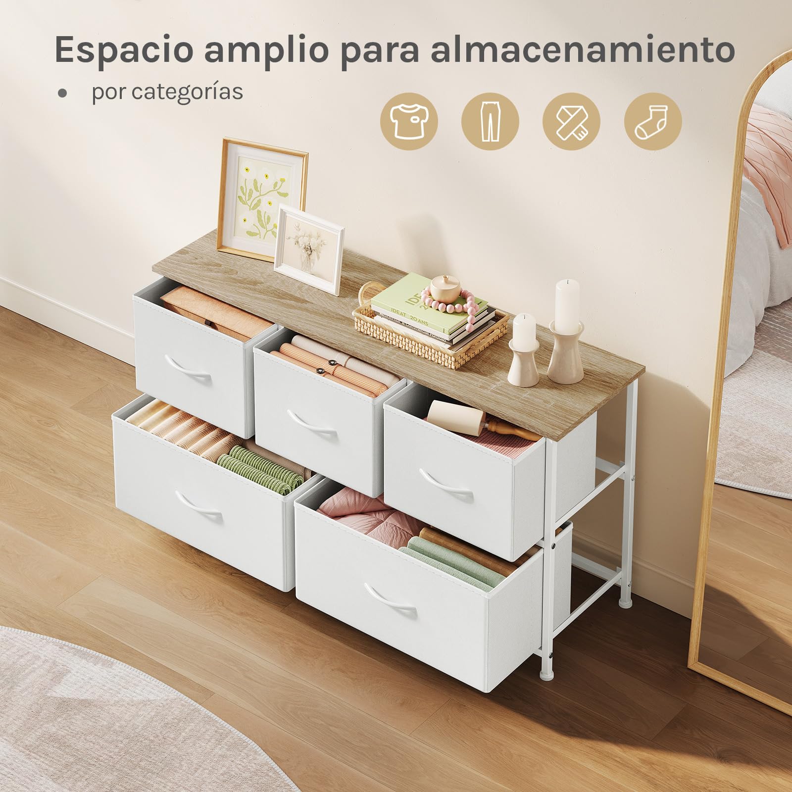 WOLTU Comoda para Dormitorio, Cajonera Almacenaje, Cómodas 5 Cajones de Metal y Madera, Cajoneras Dormitorio y Habitacion, Mueble Almacenaje, Armario Organizador, Blanco, SSK005ws