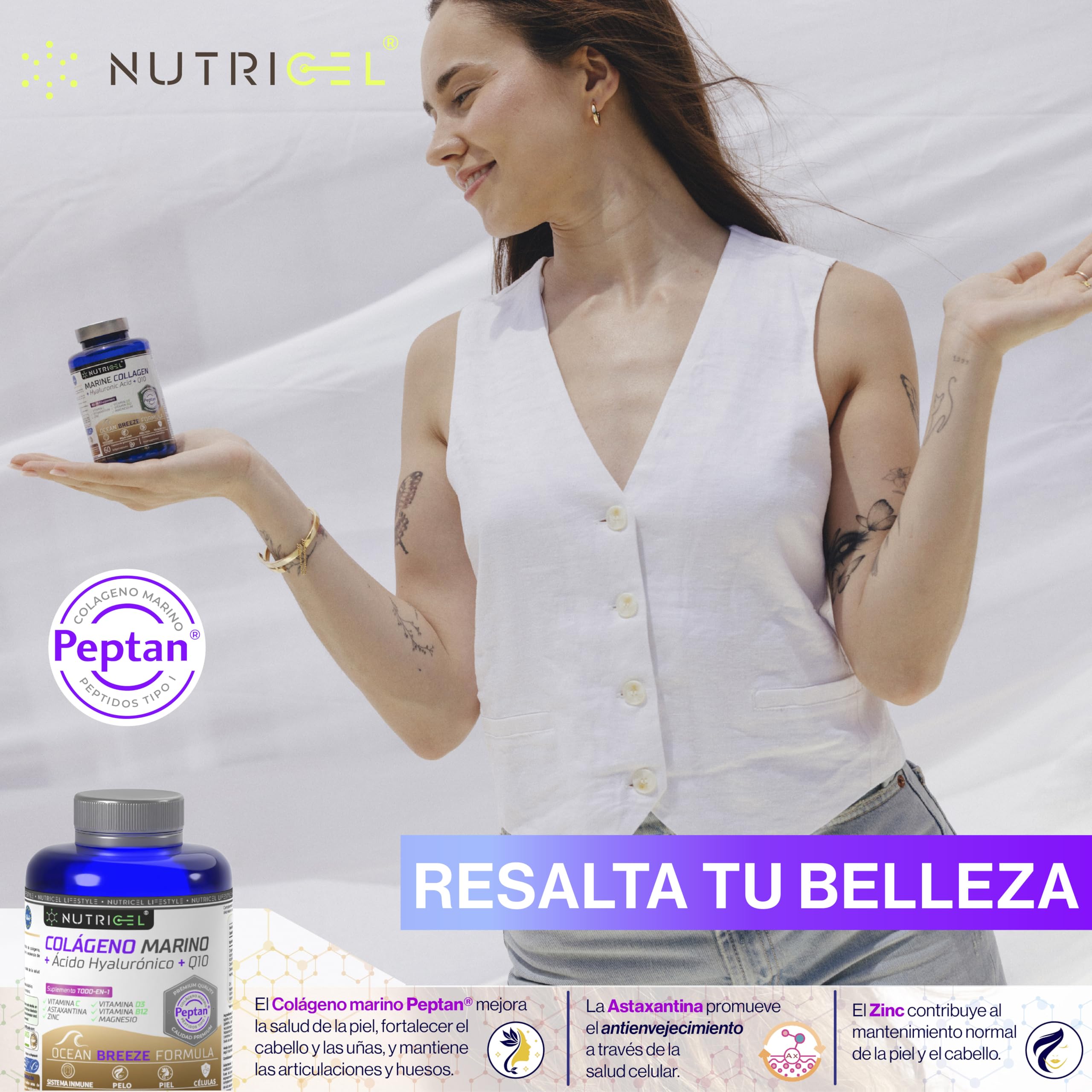 Colágeno Marino Hidrolizado Peptan® + Ácido hialuronico + Magnesio + Astaxantina + CoQ10 + Zinc + Vitaminas C, D3 y B12 - Articulaciones Fuertes, Piel Tersa y Energía - Probada en laboratorio