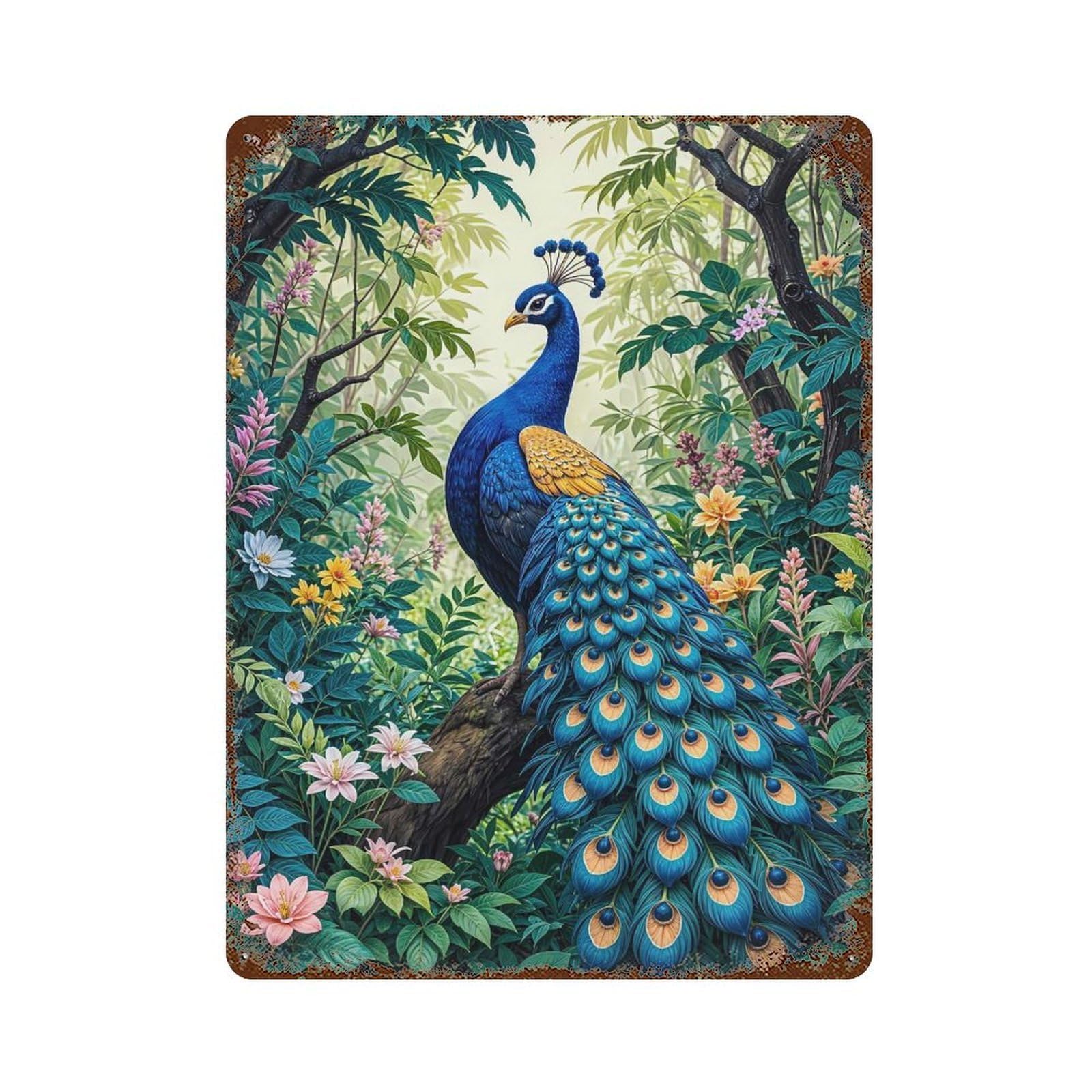 Rust Effect Tin Sign with Peacock in Lush Jungle Design 15.7"x11.8", for Pub, Kitchen And Man Cave Decor, Industrial Home Decor