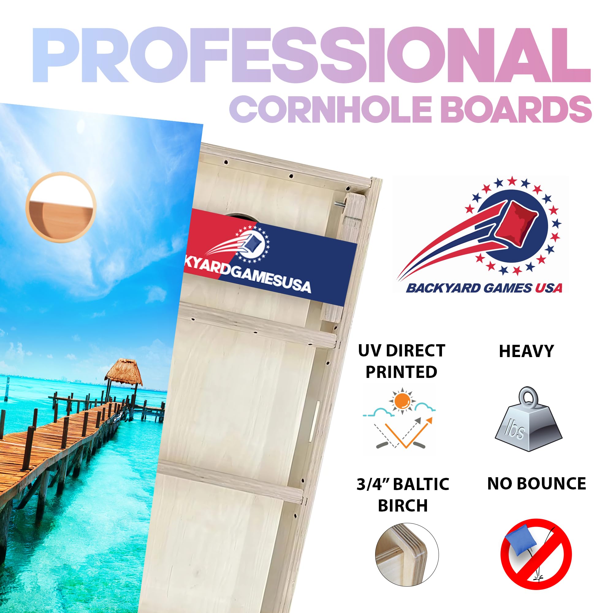CornholeGamesUSA Pro Cornhole Boards Set | Made in USA | 3/4 Baltic Birch | No Bounce | Triple Thick Legs | Two Brace & Handles, Tournament 2x4 Regulation Set with Score Tower & Cornhole Bags