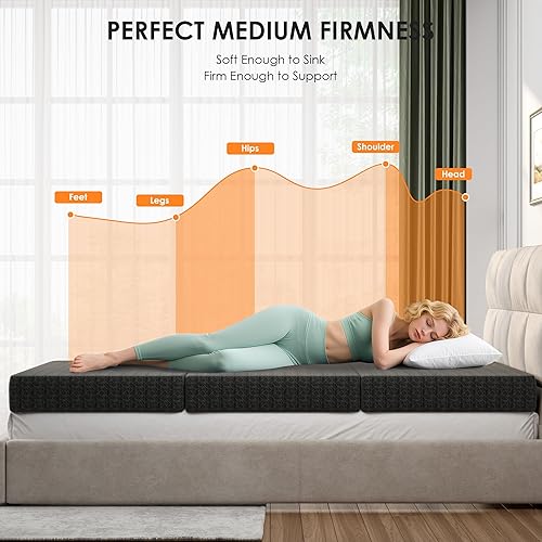 Miniatura 4 de Colchón de tres pliegues de 6 pulgadas, tamaño Queen, cama de invitados portátil de espuma viscoelástica con gel refrescante certificado CertiPUR-US
