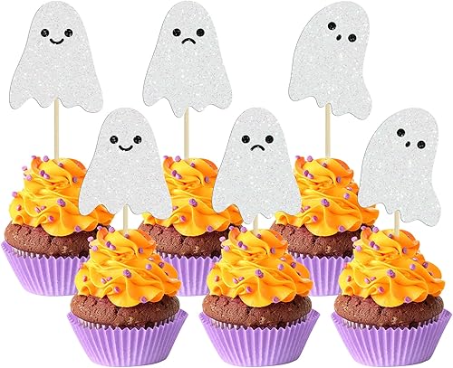 24 adornos de fantasmas para cupcakes con purpurina blanca para Halloween, baby shower, Halloween, decoración de pastel fantasma para decoración de