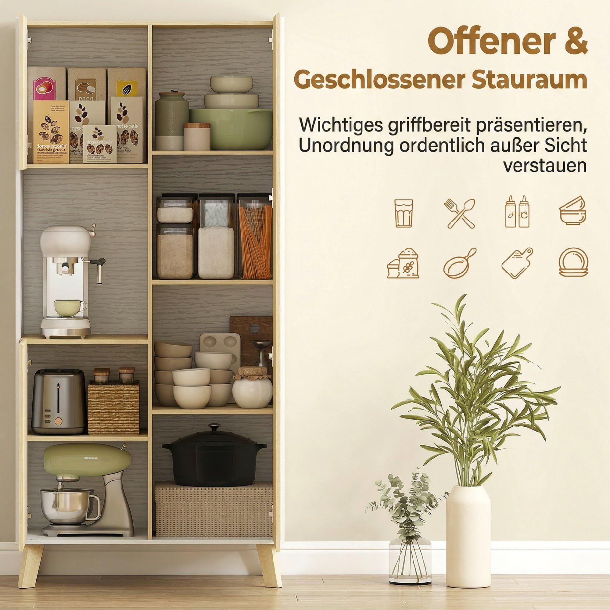 HOMCOM Küchenschrank 170 cm Hoher Buffetschrank mit offenem Fach, 3 Türen, Hochschrank mit verstellbaren Einlegeböden, Moderner Vorratsschrank für Küche, Wohnzimmer, Esszimmer, Natur, 80x40x170 cm