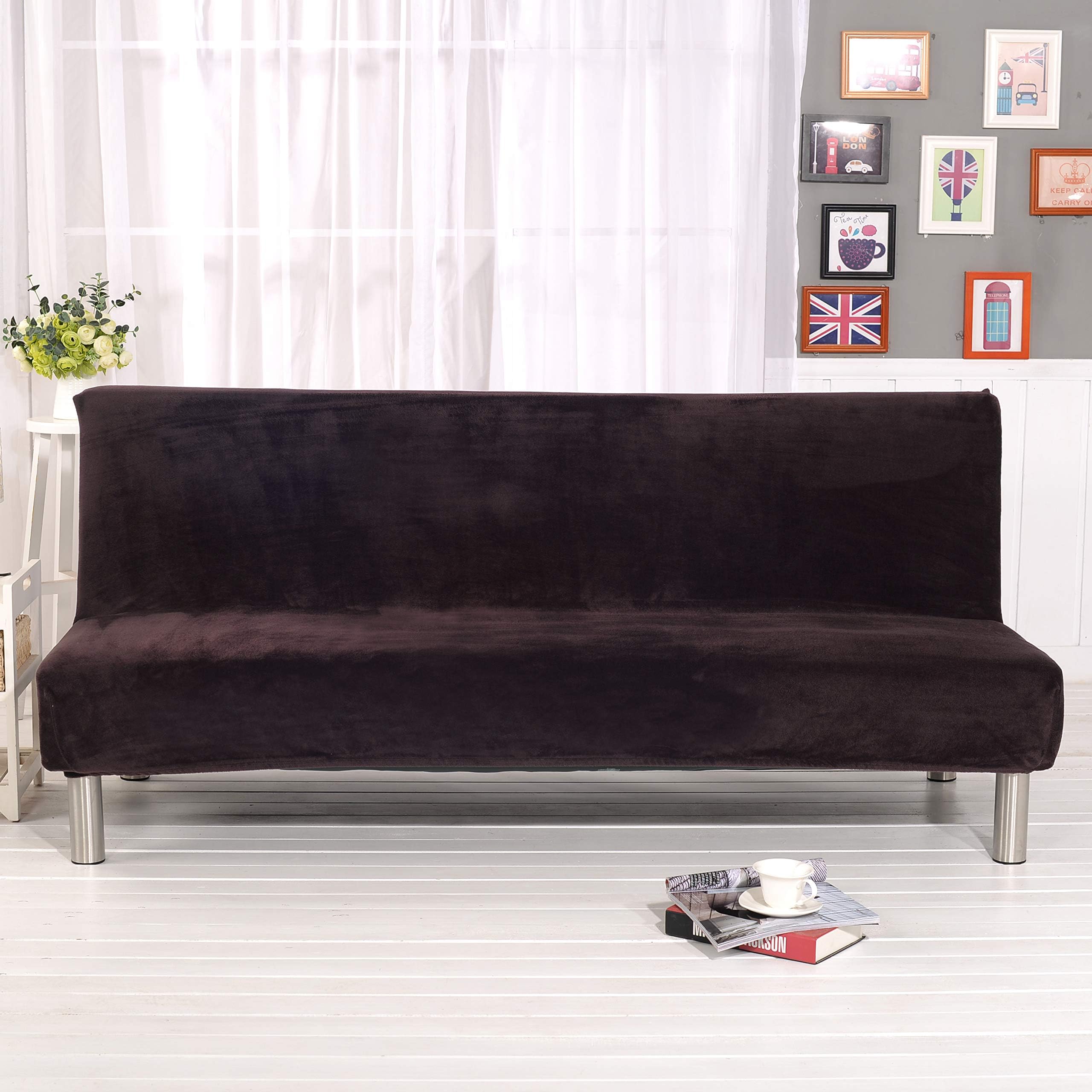 Armless Futon Cover Velvet Brown Sofa Bed Slipcover Stretch Sofa Slipcover No Armrest Full Size Counch Cover with Elastic Bottom, Coffee