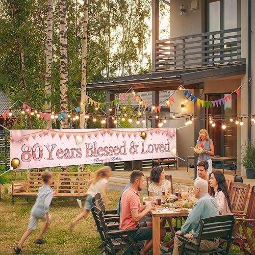 Miniatura 7 de Labakita Cartel de 80 años bendecido y amado, pancarta grande de feliz cumpleaños 80, decoraciones de cumpleaños de mamá abuela, pancarta de 80 para