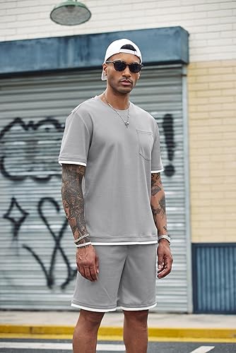 Miniatura 3 de COOFANDY Conjunto de camisa y pantalones cortos de gofre para hombre, conjunto de 2 piezas, conjunto casual de verano con bolsillos