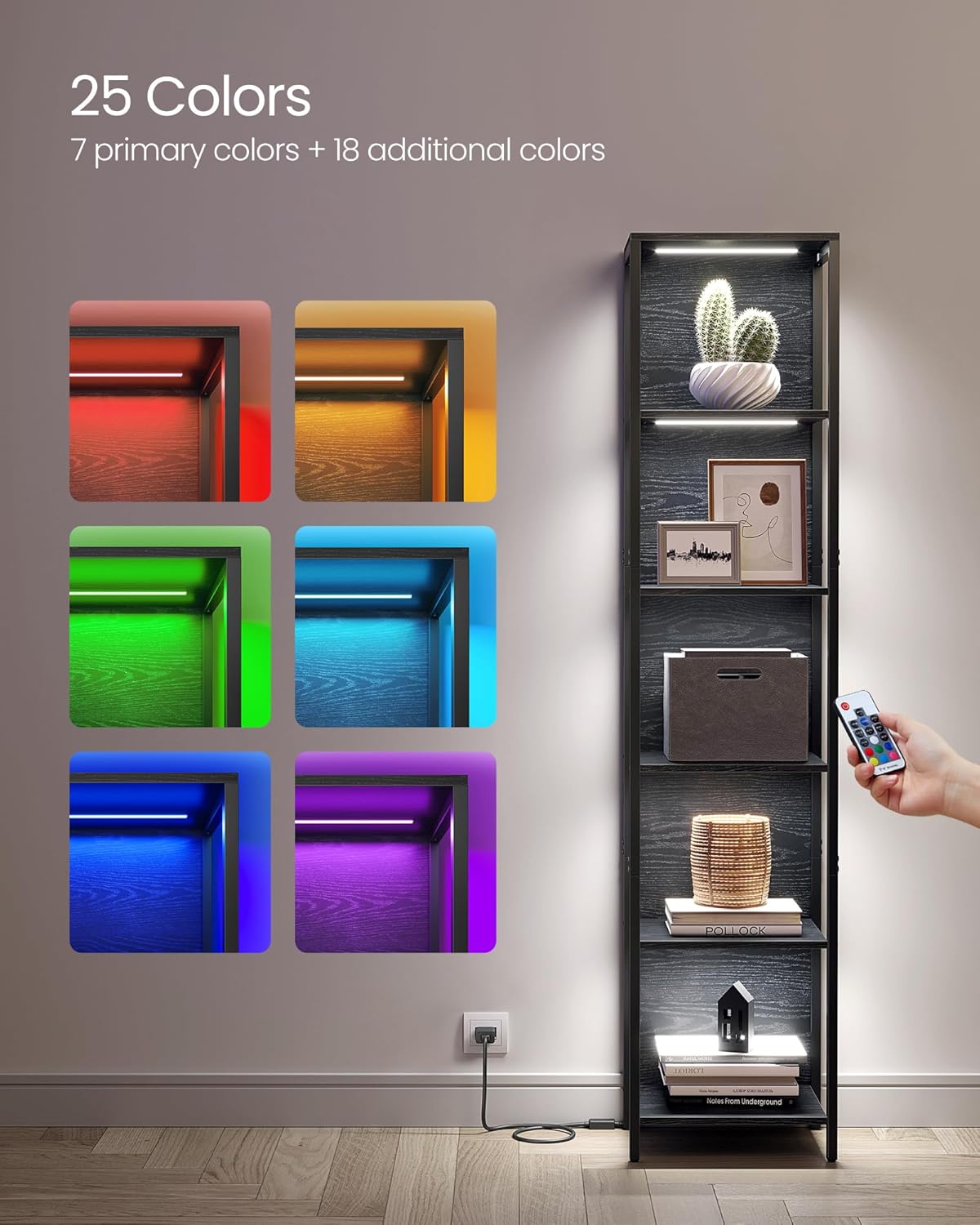 VASAGLE 6-Tier LED Bookshelf, Display Shelf with Dimmable Lights, LED Bookcase with Steel Frame, 11.9 x 15.7 x 70.3 Inches, for Living Room, Bedroom, Office, Black with Wood Grain ULLS121B56 - Image 4