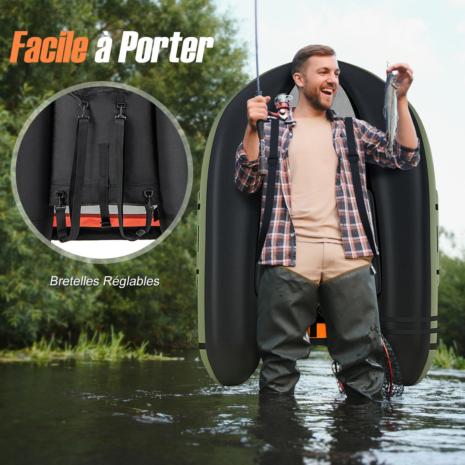 GYMAX Bateau Pêche Gonflable Portable, avec Pagaie, Règle à Poisson, Porte-Canne, Palmes, Pompe, Poches de Rangement, Tansport Pratique avec Bandoulières