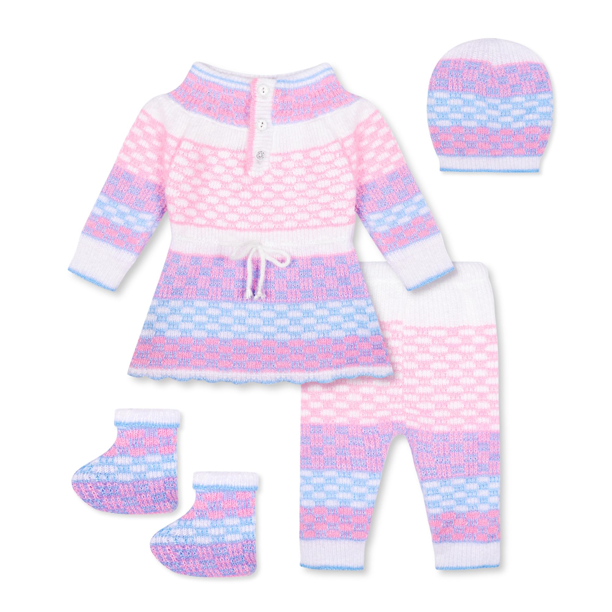 New Born Baby Girls Woolen Round Neck Frock Sweater Set with Pyjami, Cap and Pair of Booties for Toddlers-image-14