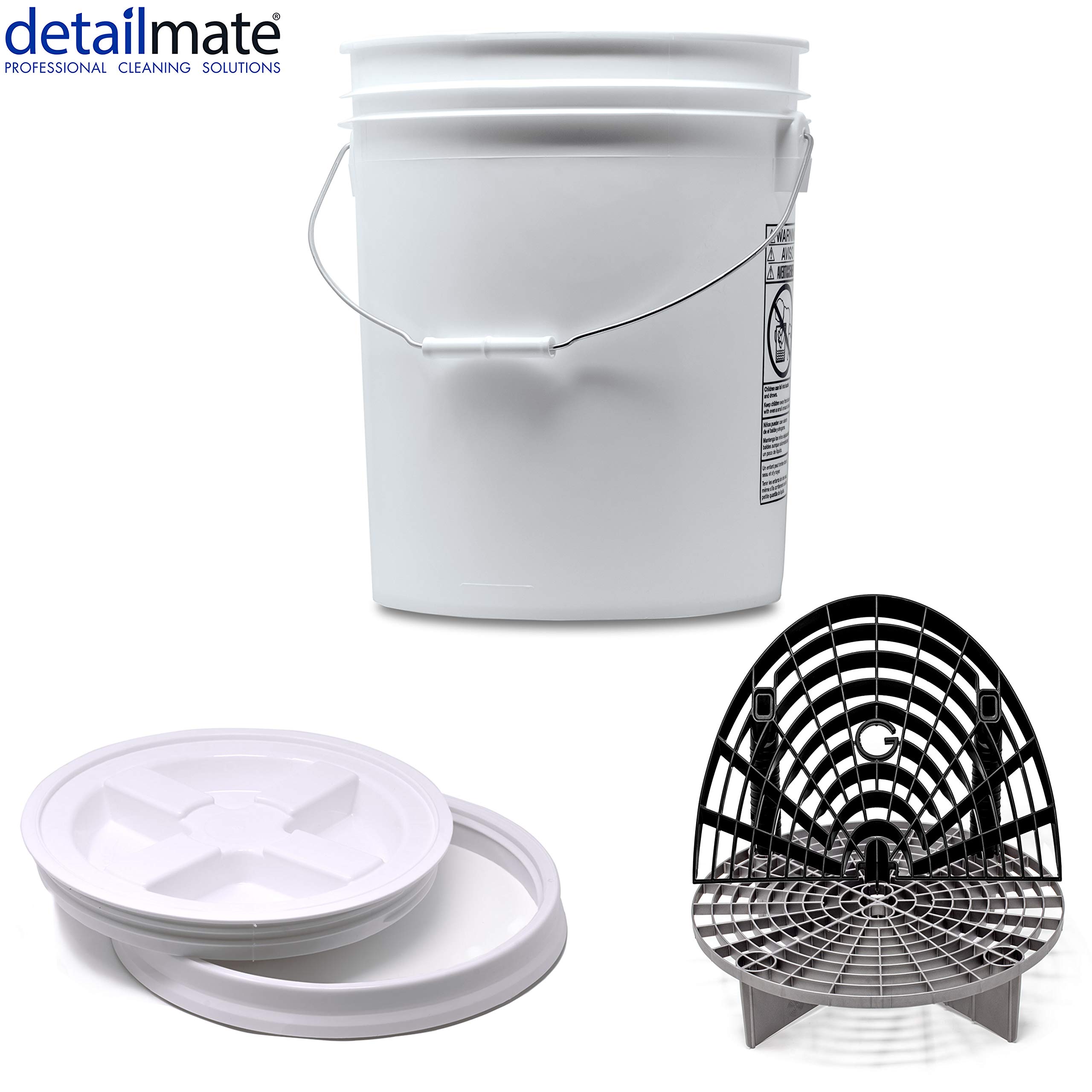 Detailmate professionelles Wasch Eimer Set: Magic Bucket Wascheimer 5 GAL (ca. 20 Liter), Gamma Seal Eimerdeckel weiß, GritGuard Schmutz Einsatz Silber, GritGuard Washboard schwarz
