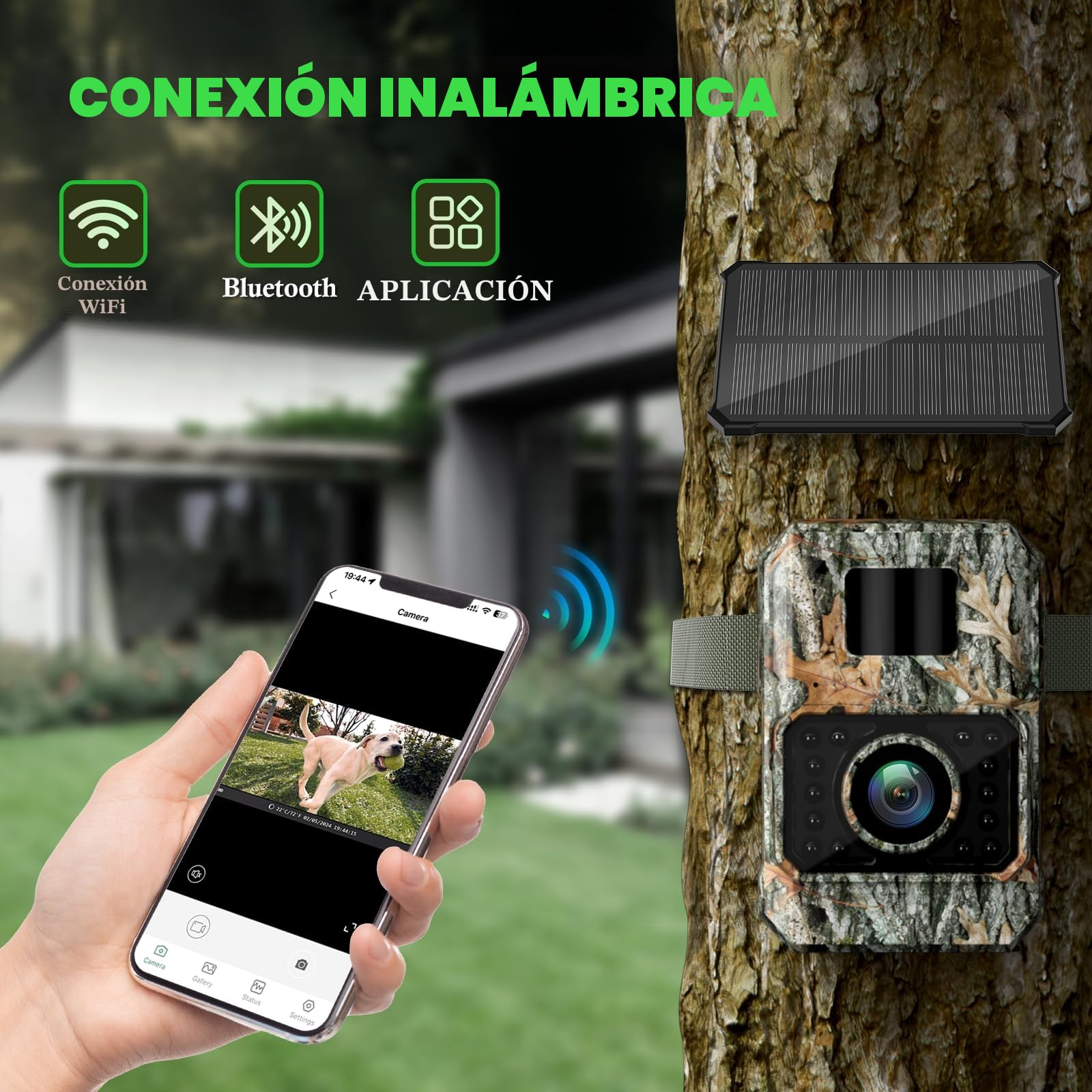 Coolifepro Cámara de Caza Solar, 60MP WiFi Bluetooth Camara Fototrampeo, Batería Interna 2000mAh, No Necesita Batería Extra, Camara Caza para Monitoreo de Vida Silvestre con Tarjeta Micro SD 32GB