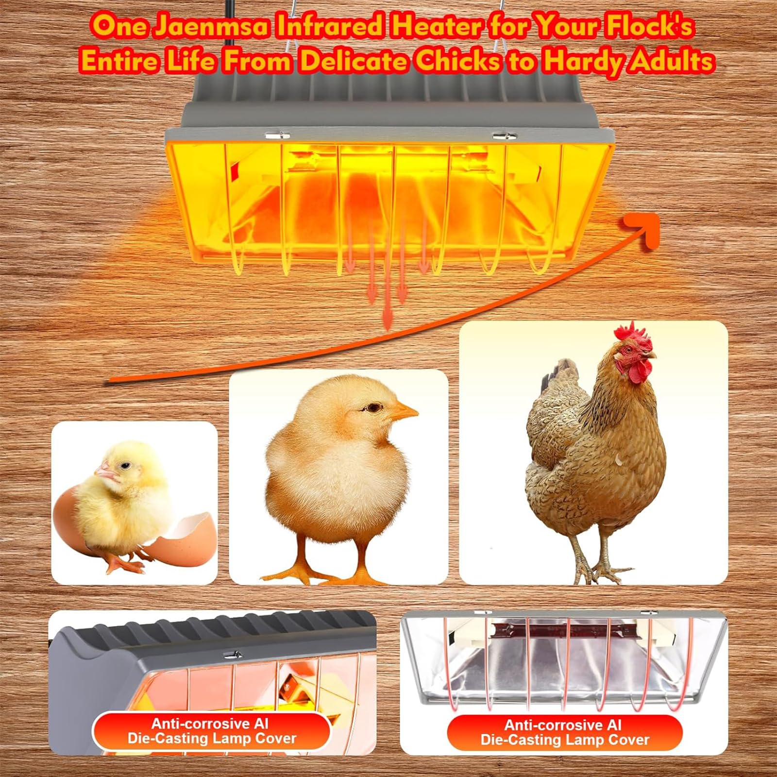 Calentador para gallinero de 250 W, Calentador para criadora de Pollitos, lámpara de Calor para criadora de gallinero, Altura Ajustable con 2 Bombillas de calefacción infrarrojas, 2 temperaturas