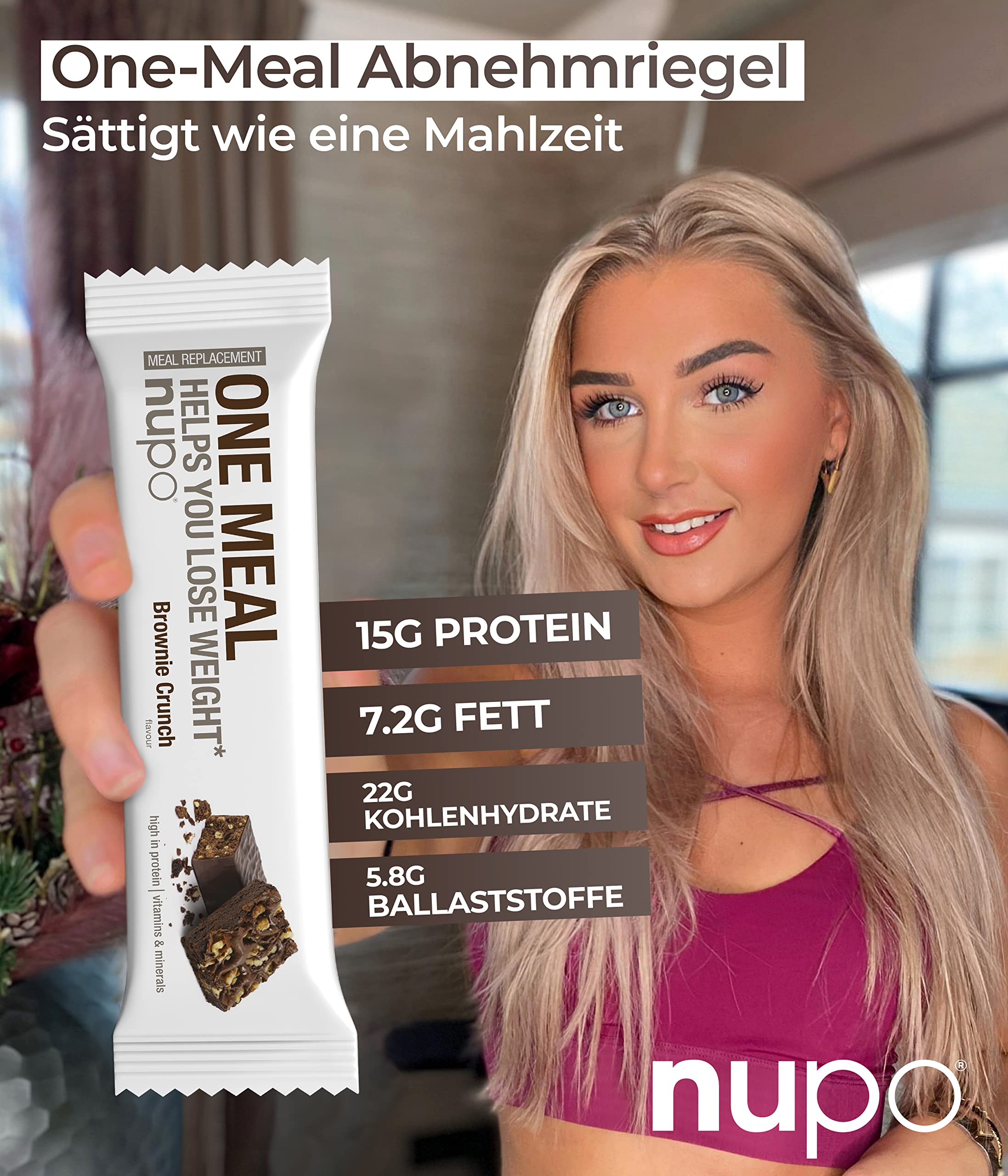 NUPO® One Meal Bar [Brownie Crunch - 24 Stk.] - Mit Nährstoffen, Vitamine & Mineralien - Diät Riegel Snack zum abnehmen - Fitness low carb Riegel - Mahlzeitenersatz Riegel - Diet Riegel