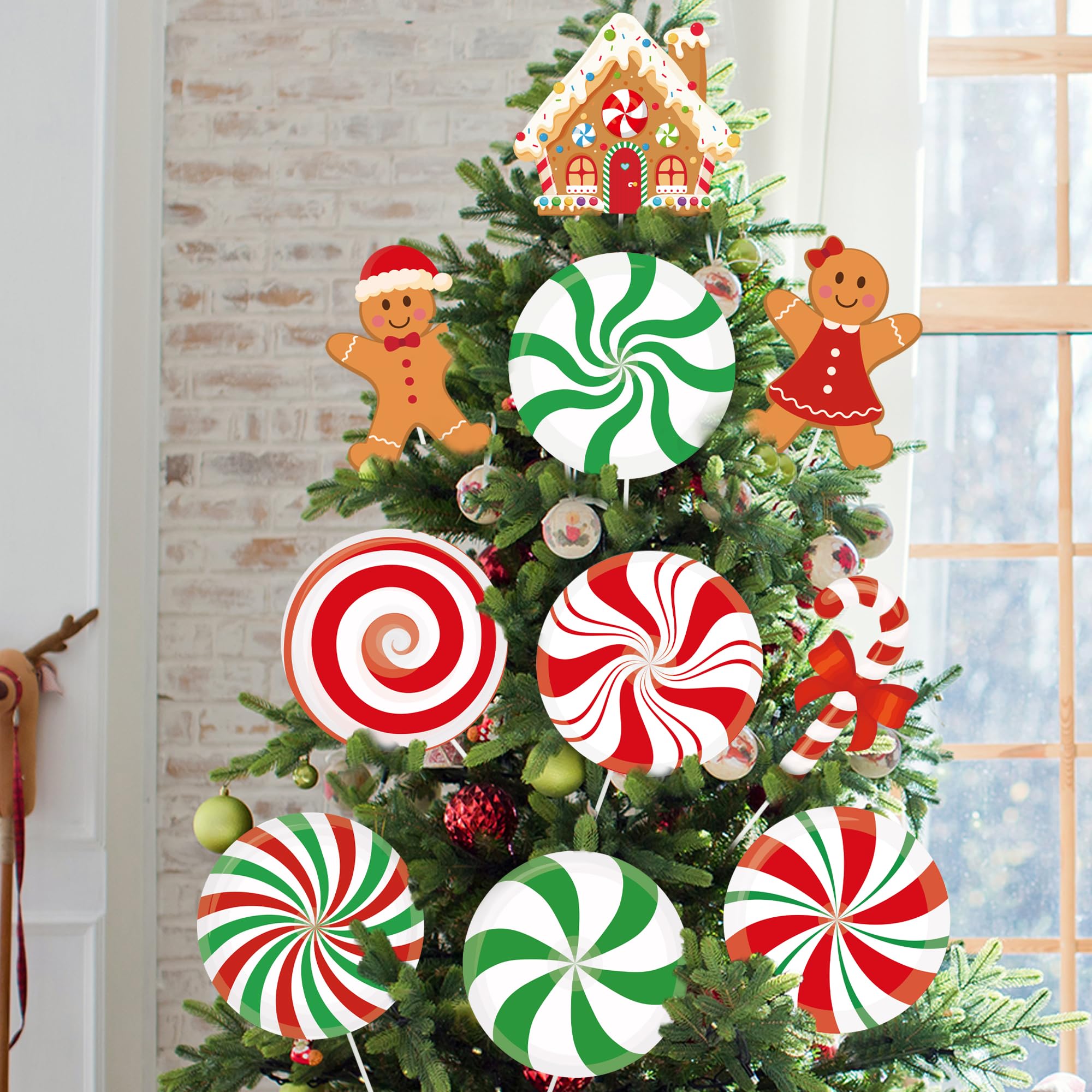 12 Stück große Süßigkeiten-Lebkuchen-Weihnachtsbaum-Plektren, 25,4 cm, Zuckerstange, Lebkuchenmann, Weihnachtsbaumschmuck, Pfefferminz-Lutscher, hängende Dekoration für Weihnachtsbäume, Dekoration