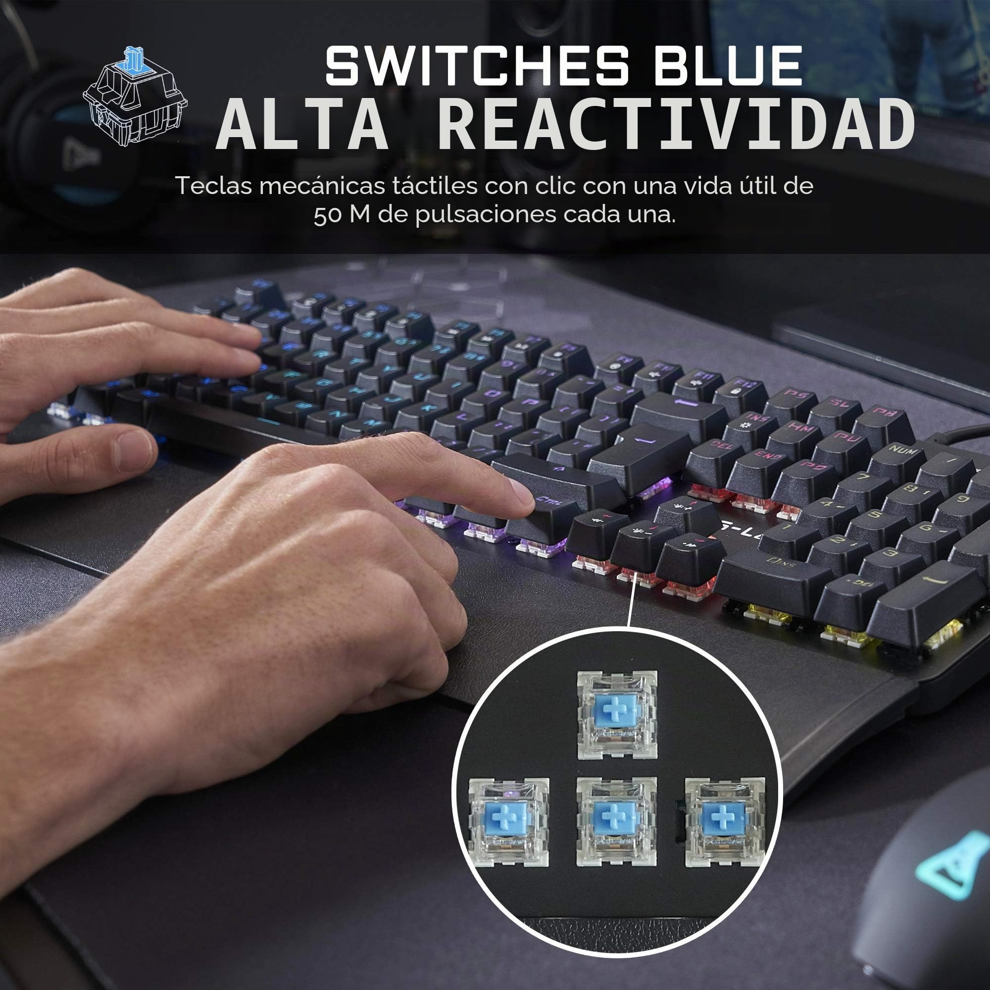 The G-Lab Keyz Carbon E Teclado mecánico Gamer Azerty Blue Switches Ultra Preciso - 16 Efectos de Retroiluminación - Reposamanos Magnéticos - Compatible con PC PS4/PS5 Xbox One/Series X - Nuevo 2022